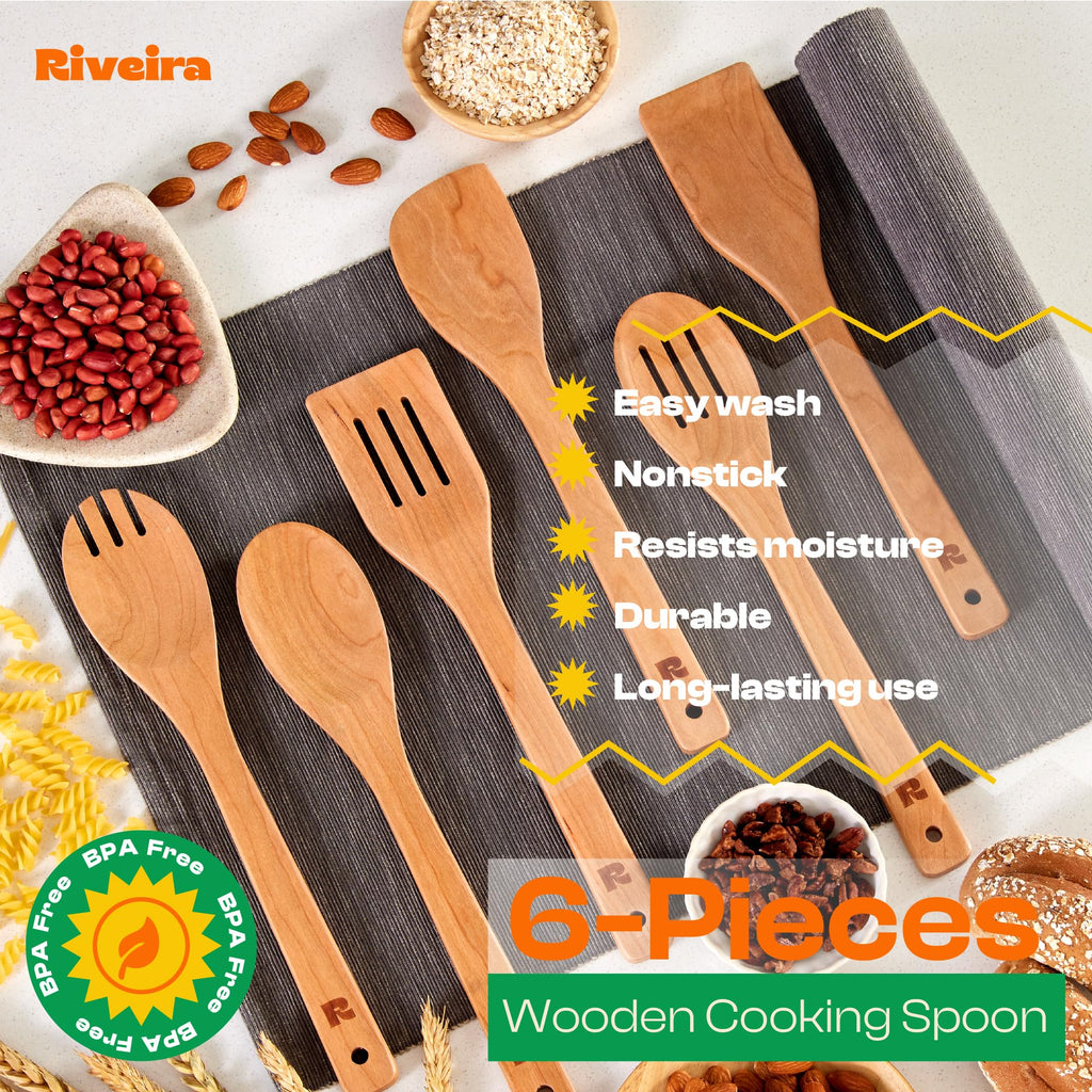 Riveira Dark Bamboo Wooden Spoons for Cooking 6-Piece, Apartment Essentials Wood Spatula Spoon Nonstick Kitchen Utensil Set Premium Quality Housewarming Gifts for Everyday Use