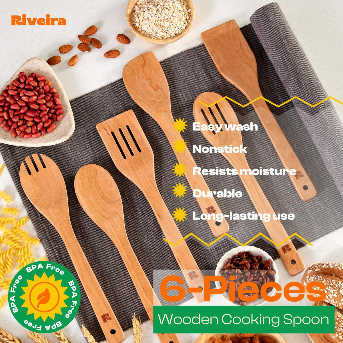 Riveira Dark Bamboo Wooden Spoons for Cooking 6-Piece, Apartment Essentials Wood Spatula Spoon Nonstick Kitchen Utensil Set Premium Quality Housewarming Gifts for Everyday Use