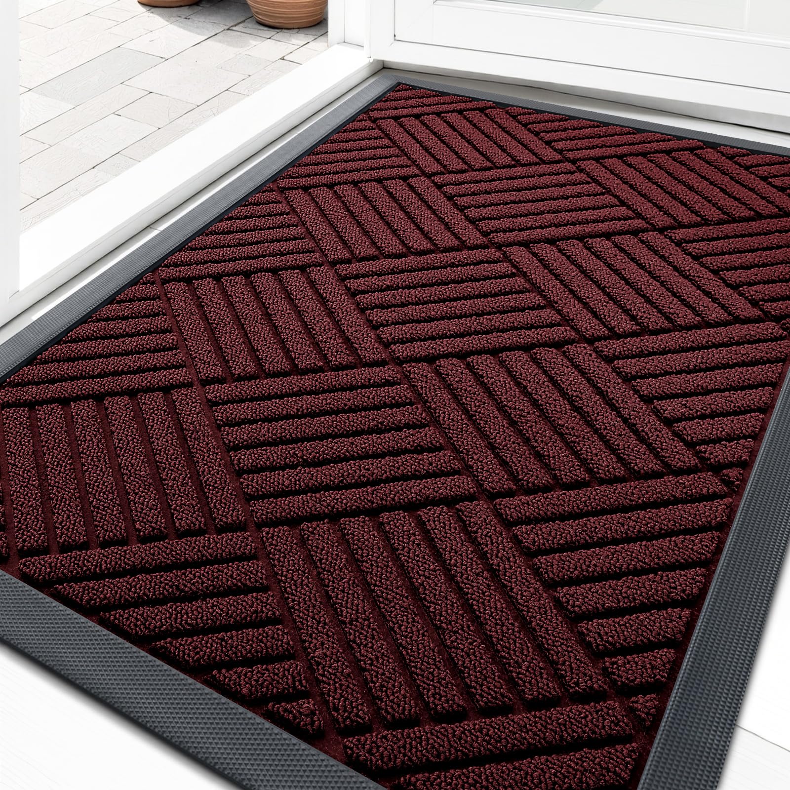 OLANLY Front Door Mat Outside Entrance 29.5x17, Absorbent, Heavy Duty Sturdy Natural Rubber Doormat Indoor Outdoor, Stain and Fade Resistant, Non-Slip Low Profile Floor Mat for Entryway, Grey Diamond