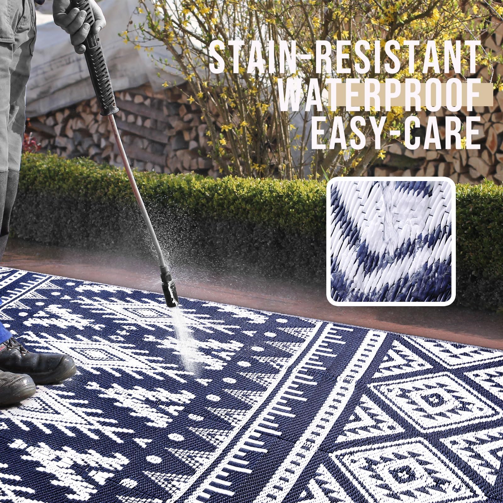 OLANLY Outdoor Rug Waterproof 5x8 ft, Reversible Outdoor Plastic Straw Rug, Boho Patio Rug, Indoor Outdoor Carpet, RV Mat Outside for Patio, Camp, Picnic, Balcony, Deck, Backyard, Black & White