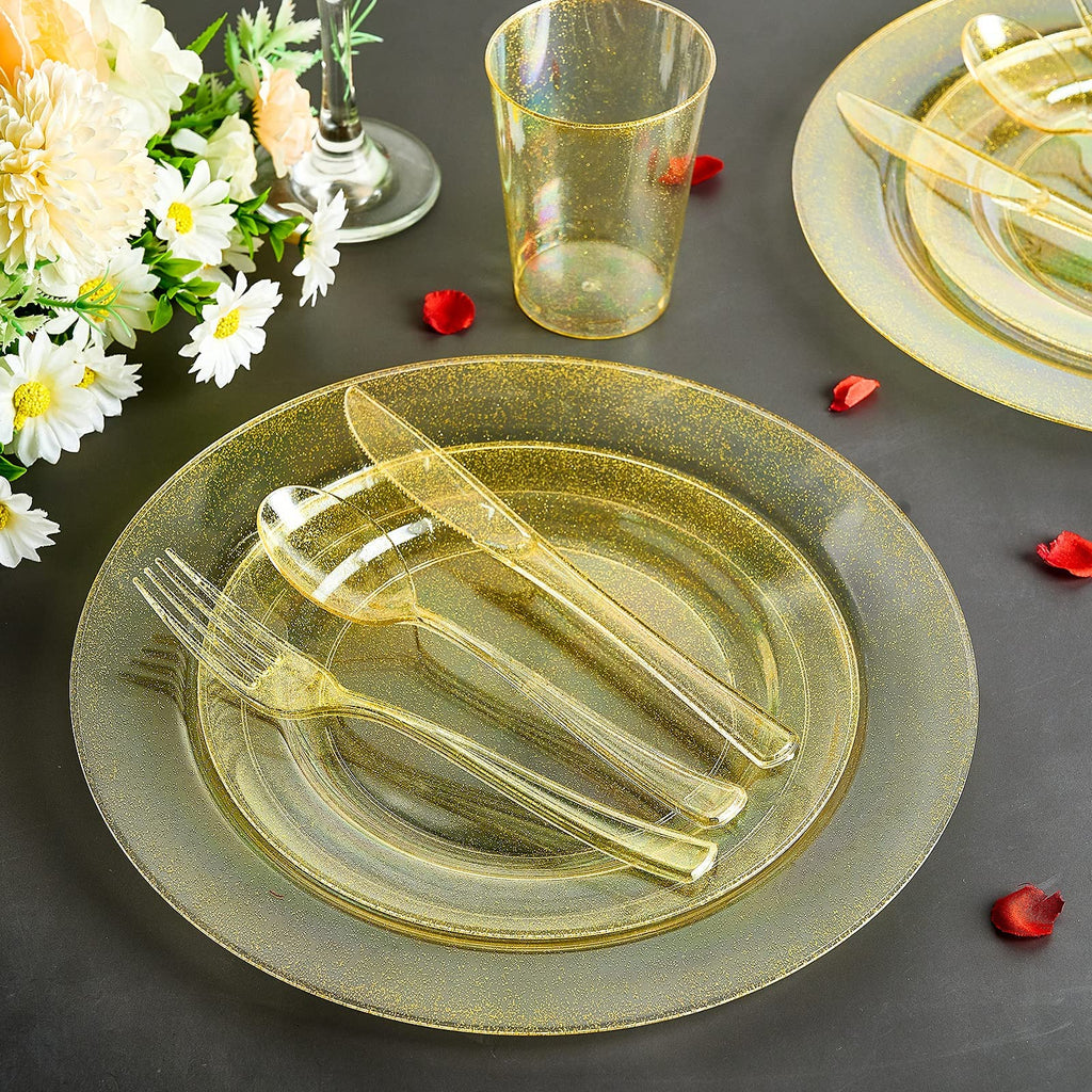 Vplus 150 pcs Gold Plastic Plates with Disposable Plastic Silverware, Cups, Gold Glitter Design includes Dinner and Salad Plates, Forks, Knives, Spoons, 10 oz Cups
