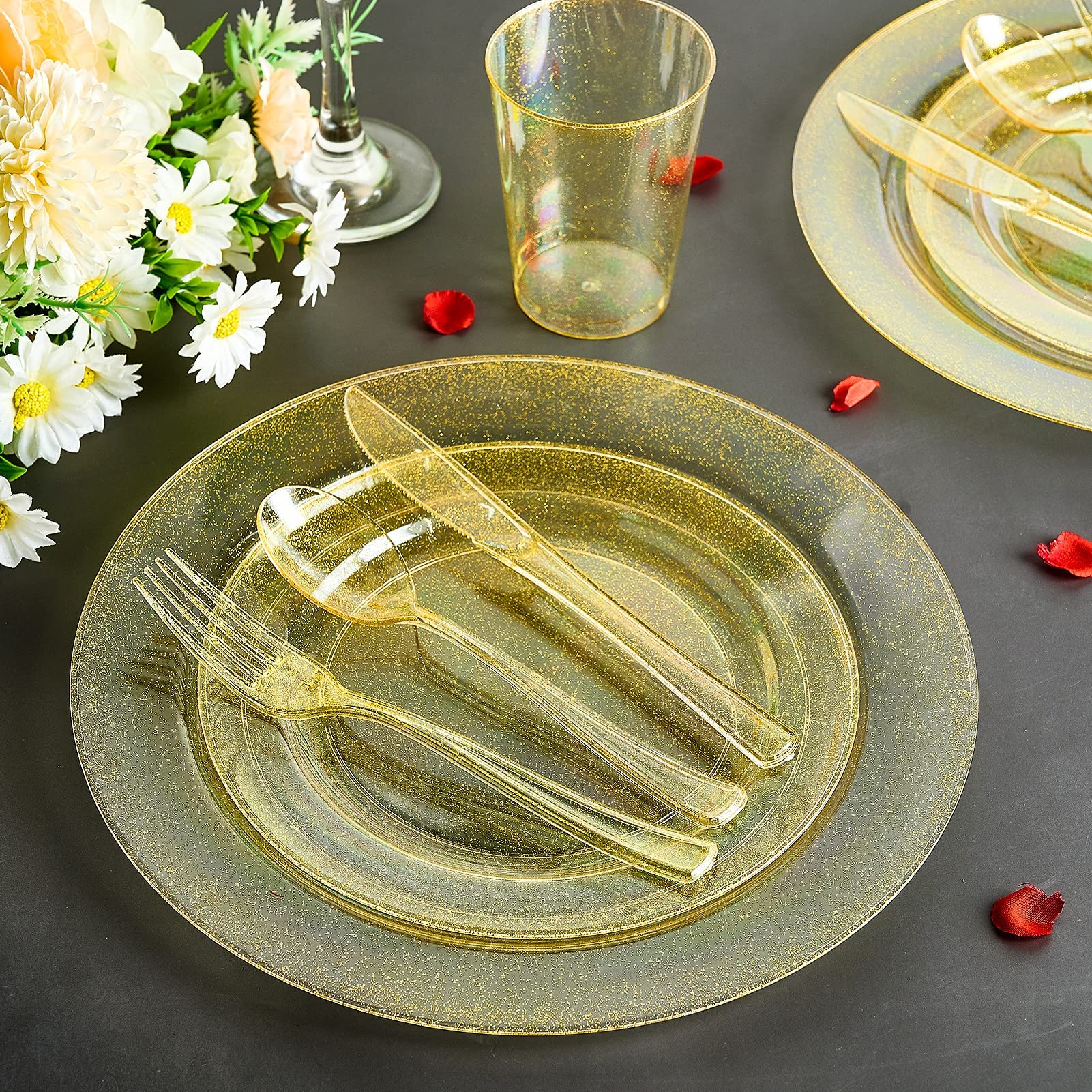 Vplus 150 pcs Gold Plastic Plates with Disposable Plastic Silverware, Cups, Gold Glitter Design includes Dinner and Salad Plates, Forks, Knives, Spoons, 10 oz Cups