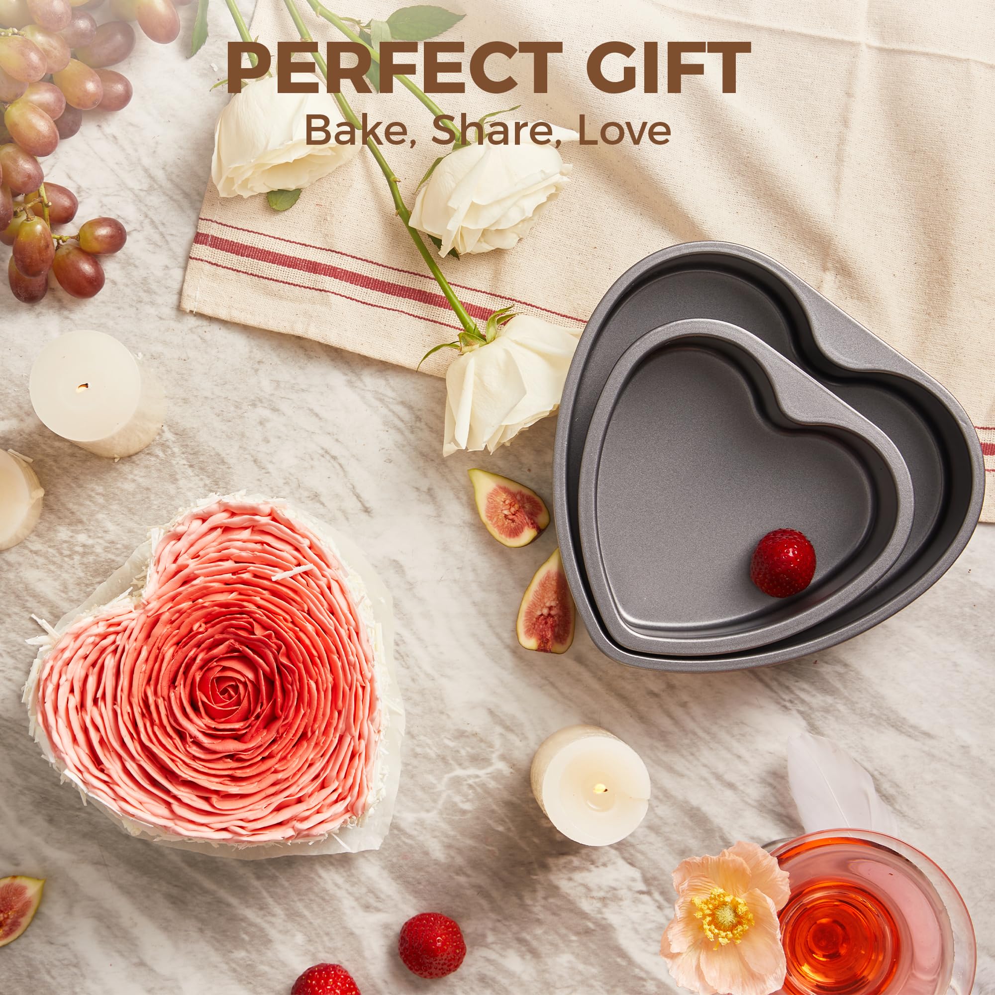 HONGBAKE Heart Shaped Cake Pan, Nonstick 8 & 6 inch Cheesecake Pans Set, Heart Shape Layer Cake Mold, Baking Tin for Valentine's Day, Weddings, 2 Pieces, Heavy Duty, Grey