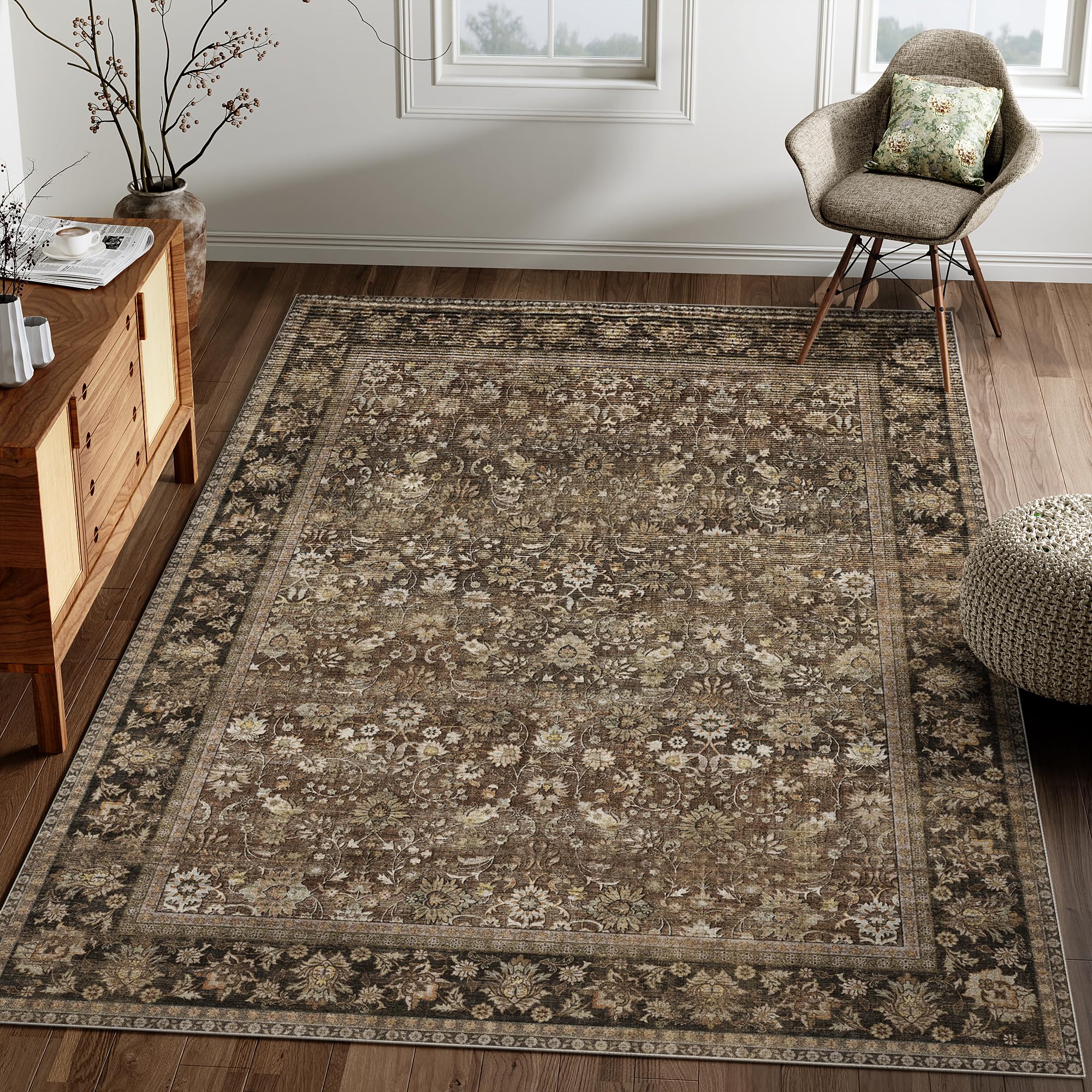 HUGEAR 5x7 Machine Washable Rugs Brown Hallway Area Rug Indoor Accent Rug Floral Low Pile Carpet Soft Throw Aesthetic Rug Bedroom Living Room Office Dining Room Kitchen Laundry Room Non Slip
