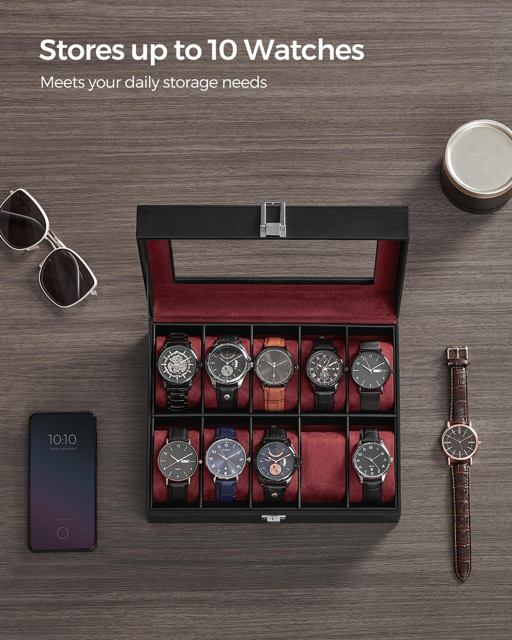 SONGMICS Watch Box, 12-Slot Watch Case Organizer with Large Glass Lid, Removable Pillows, Gift for Loved Ones, Black Synthetic Leather, Gray Lining UJWB12BK