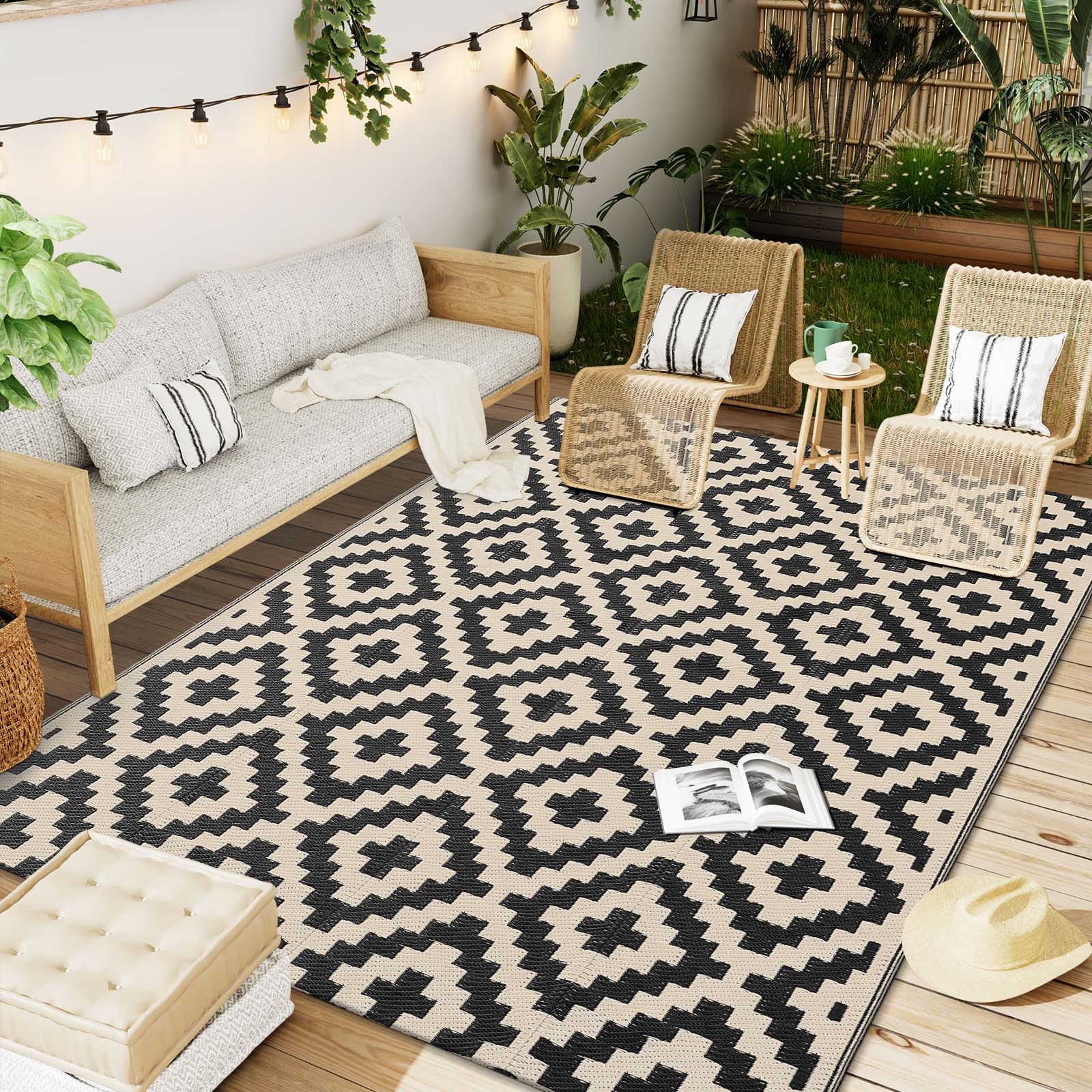 OLANLY Waterproof Outdoor Rug 5x8 ft, Outdoor Plastic Straw Rug for Camping, RV Mat Outside, Indoor Outdoor Carpet for Porch, Deck, Backyard, Balcony, Picnic, Black & White