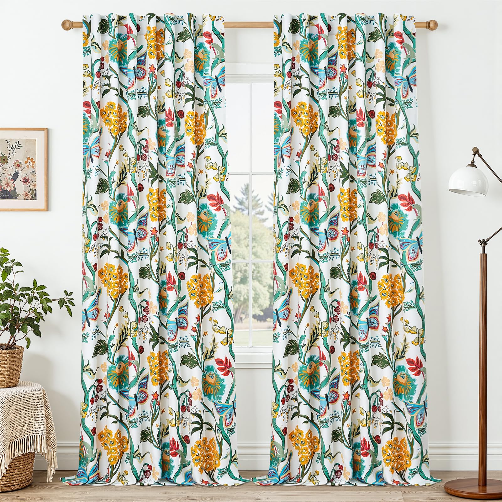 Topfinel Mustard Yellow Curtains 84 Inches Long 2 Panels for Bedroom Living Room Daffodil Butterfly Country Tropical Floral Drapes Vintage Farmhouse Light Filtering Privacy Window Curtain Blackout