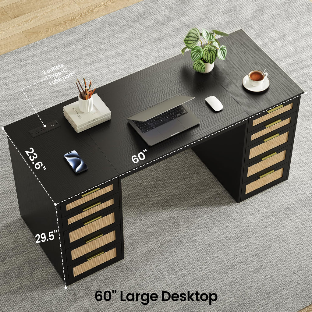 WOPITUES 60" Boho Home Office Desk with 10 Wooden Drawers, Rattan Computer Writing Desk with Power Outlets, Large Executive Desk with Storage Cabinet for Work Study Writing Craft, Black & Brown