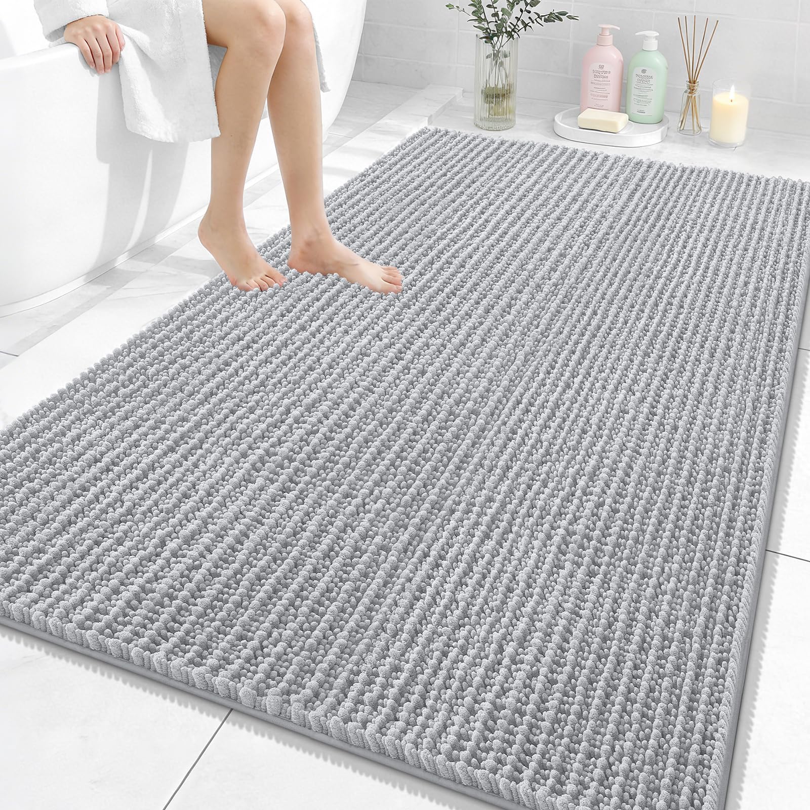 OLANLY Bathroom Rug Mat 30x20, Thick Soft and Absorbent Chenille Bath Mat, Non-Slip Rubber Backing, Machine Washable Quick Dry Bath Rugs for Tub Shower Floor, Home Decor Accessories, Grey