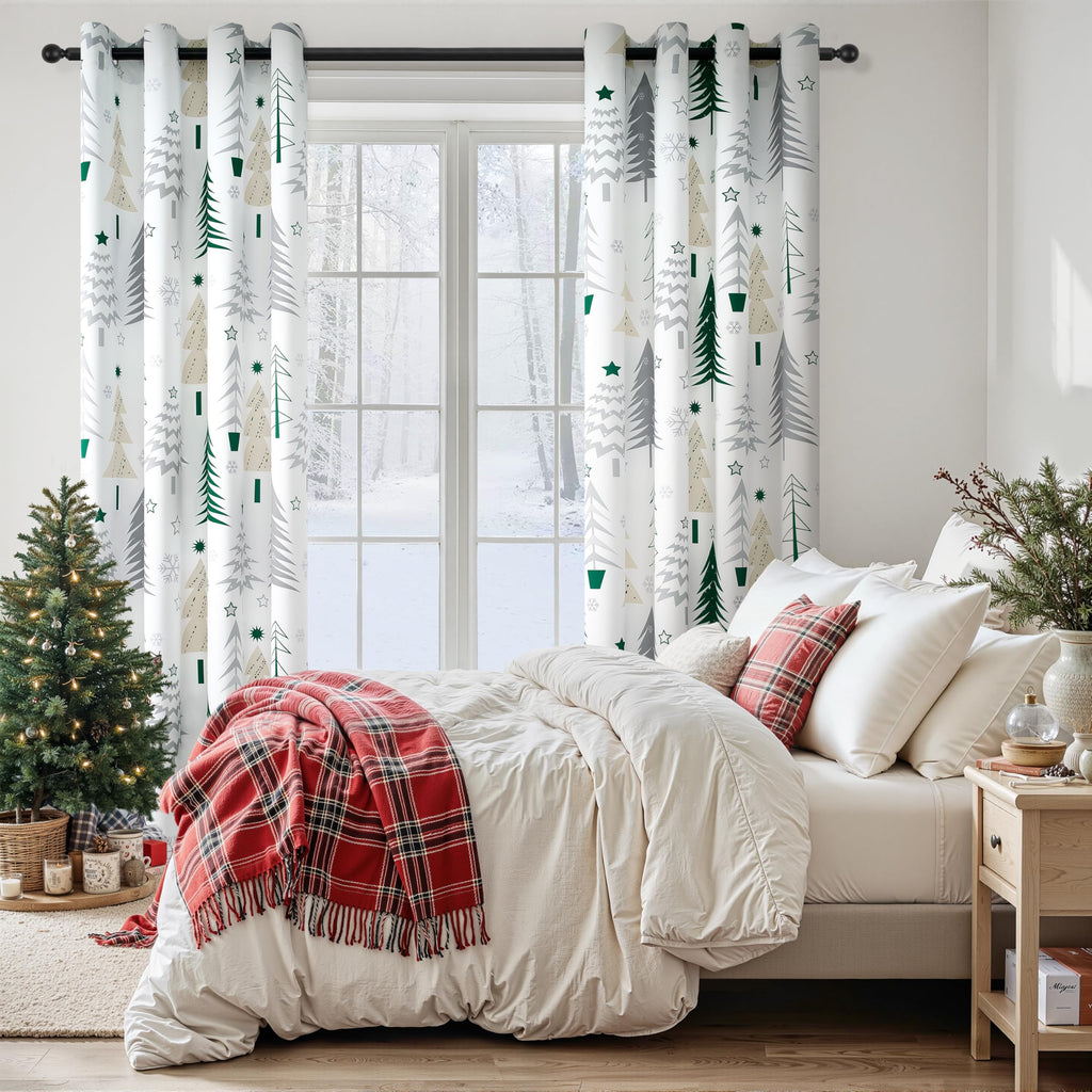 Topfinel Christmas Curtains 84 Inch Length for Living Room 2 Panels Set,Grommet Xmas Decoration Window Curtains with Christmas Tree and Snowflake Print for Bedroom,Set of 2,52x84 Inches Long,White