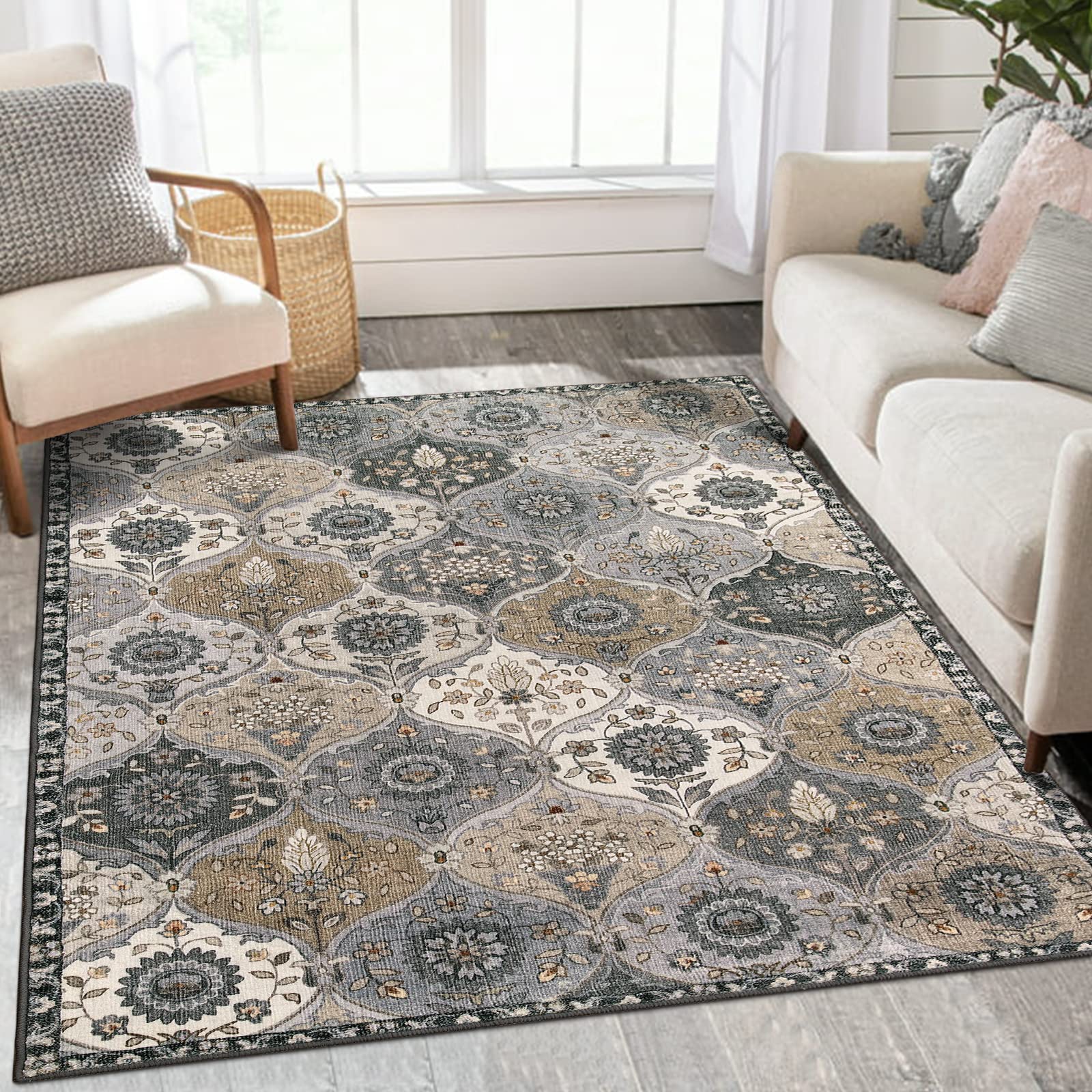 Lahome Moroccan Trellis Washable Rug, 2x3 Kitchen Rugs for Entryway Bathroom, Non-Slip Indoor Door Mat Ultra-Thin, Small Oriental Throw Carpet for Bedroom Entry Elise, Cream/Multi