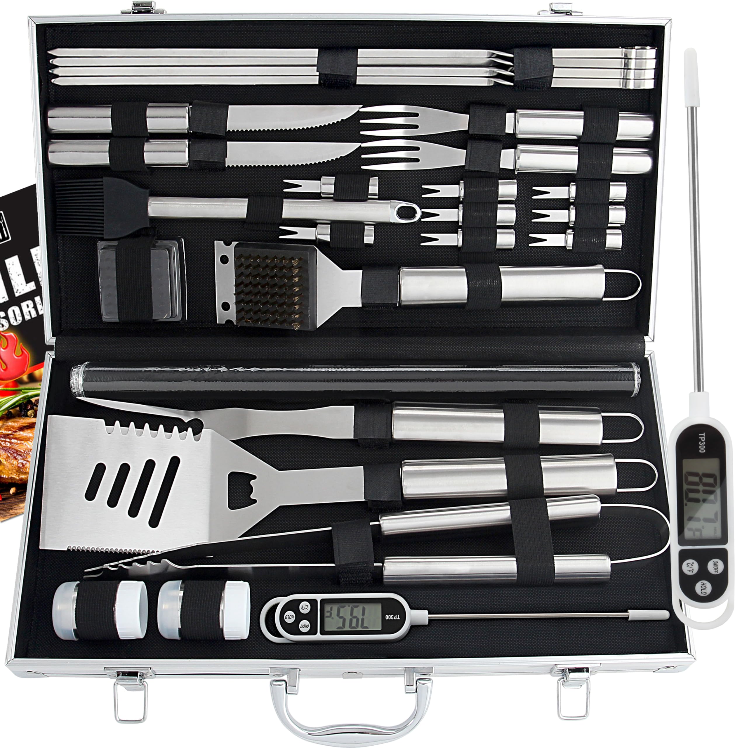 ROMANTICIST 23pcs Must-Have BBQ Grill Accessories Set with Thermometer in Case - Stainless Steel Barbecue Tool Set with 2 Grill Mats for Backyard Outdoor Camping - Father's Day Best Barbecue Gift