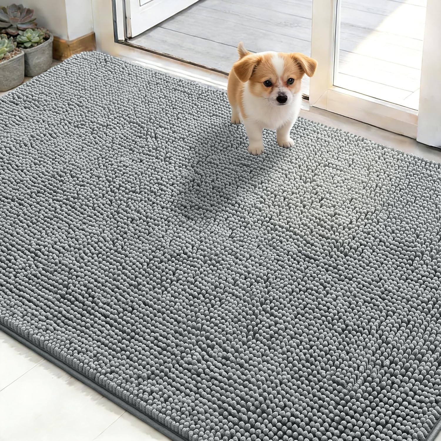 OLANLY Dog Door Mat for Muddy Paws 70x24, Absorbs Moisture and Dirt, Absorbent Non-Slip Washable Doormat, Quick Dry Chenille Mud Mat for Dogs, Entry Indoor Entryway Carpet for Inside Floor, Beige