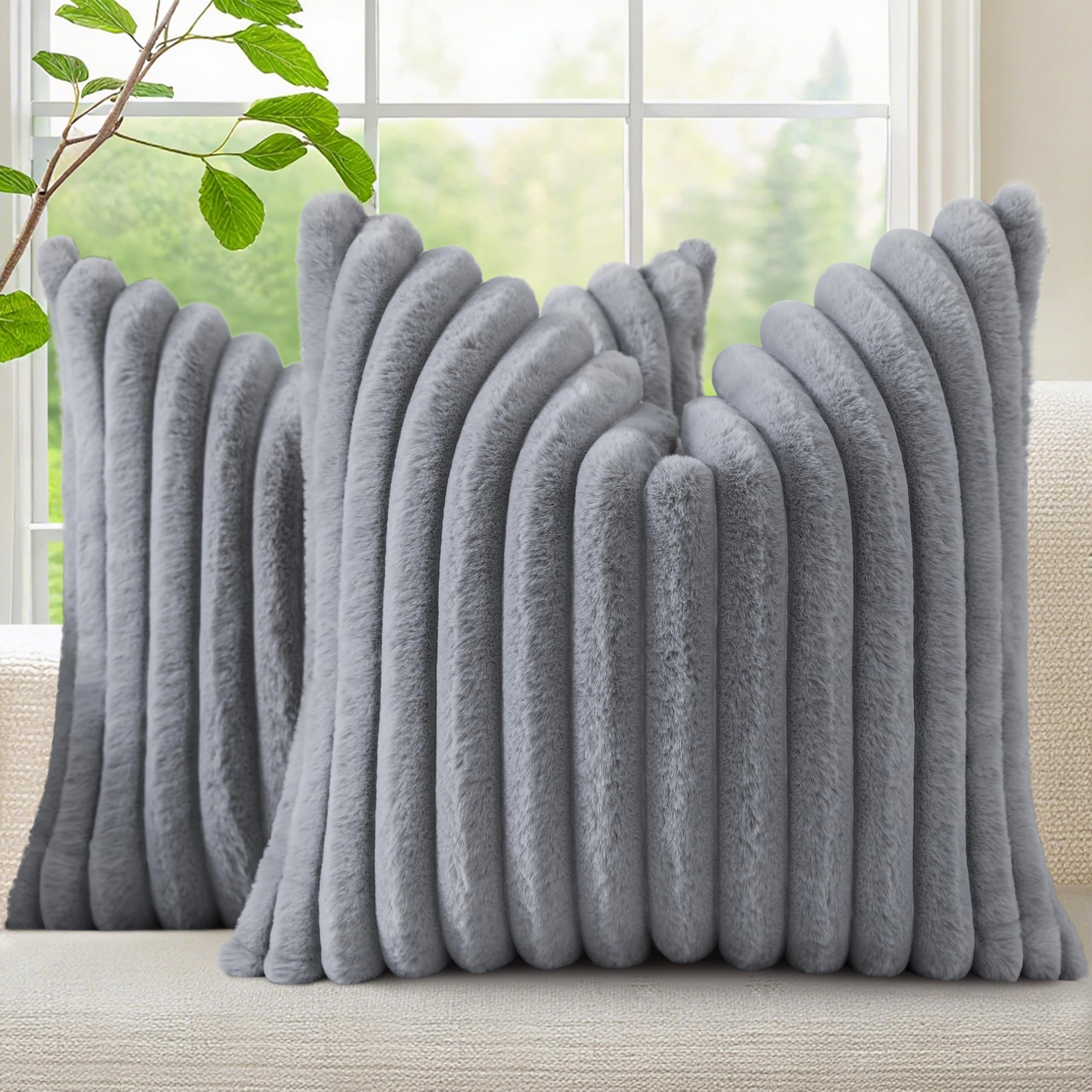 decorUhome Cozy Faux Fur Spring Throw Pillow Covers 18x18 Set of 2 Decorative Soft Plush Striped Modern Farmhouse Boho Couch Pillow Cases with Velvet Back for Sofa Bed Living Room, Cream White