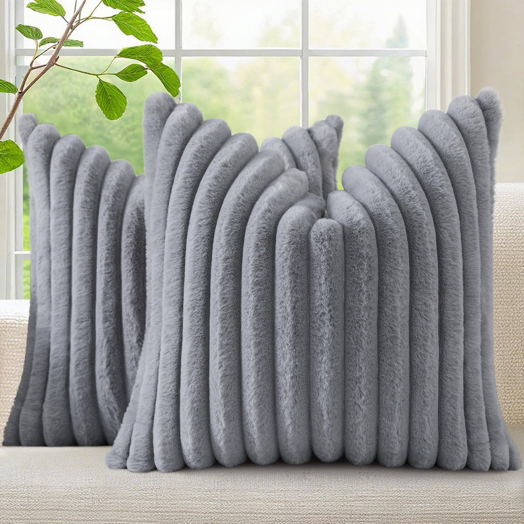 decorUhome Cozy Faux Fur Spring Throw Pillow Covers 18x18 Set of 2 Decorative Soft Plush Striped Modern Farmhouse Boho Couch Pillow Cases with Velvet Back for Sofa Bed Living Room, Cream White