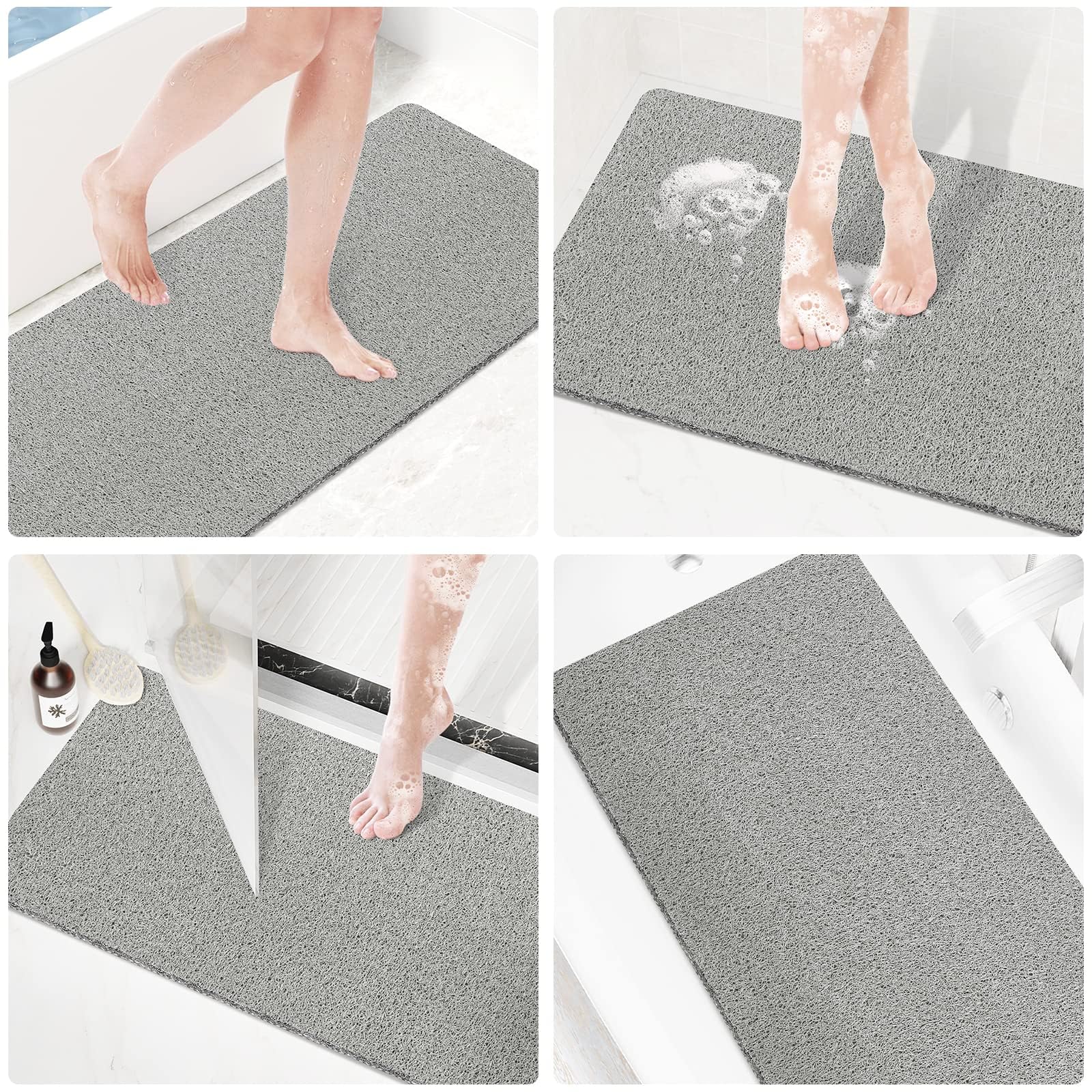 PVC Loofah Shower/Bathtub Mat Non-Slip, 24x16 inch, Soft Tub Mat with Drain, for Tub and Bathroom,Quick Drying,Grey