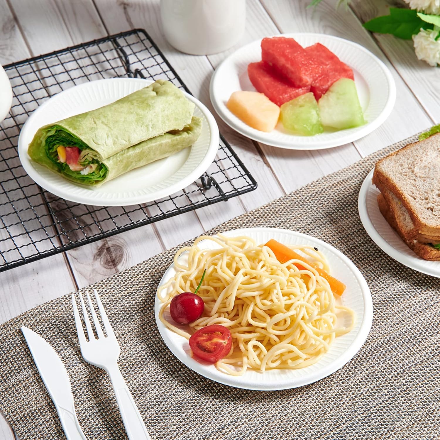 Vplus 300 Pack Compostable Disposable Paper Plates 6 inch and 1000 Pack 2 OZ Disposable Souffle Cups