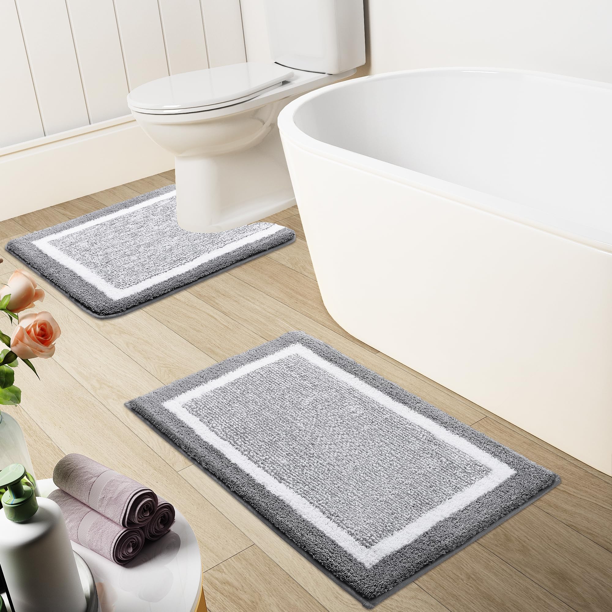 OLANLY Bathroom Rugs Sets 3 Piece, Soft Absorbent Microfiber Bath Mats and U-Shaped Contour Toilet Rug, Home Decor Accessories, Non-Slip, Bath Mat Set for Bathroom (30"x20"+24"x16"+24"x20", Grey)