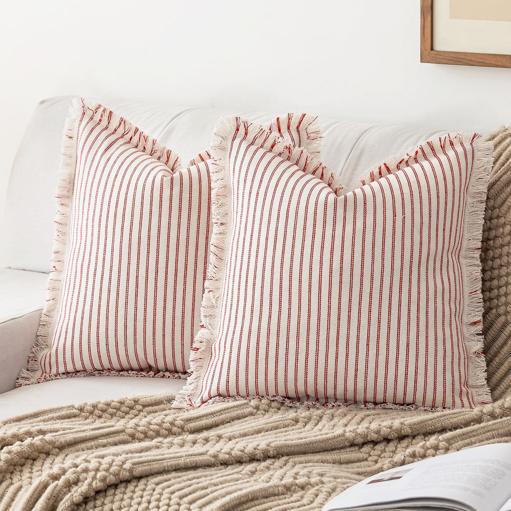 YEENAASY Throw Pillow Covers 20x20 Set of 2 Striped Fringe Pillow Cover Farmhouse Cushion Covers with Tassel Neutral Boho Pillows Decorative Square Pillowcase for Couch Sofa Bed, Black