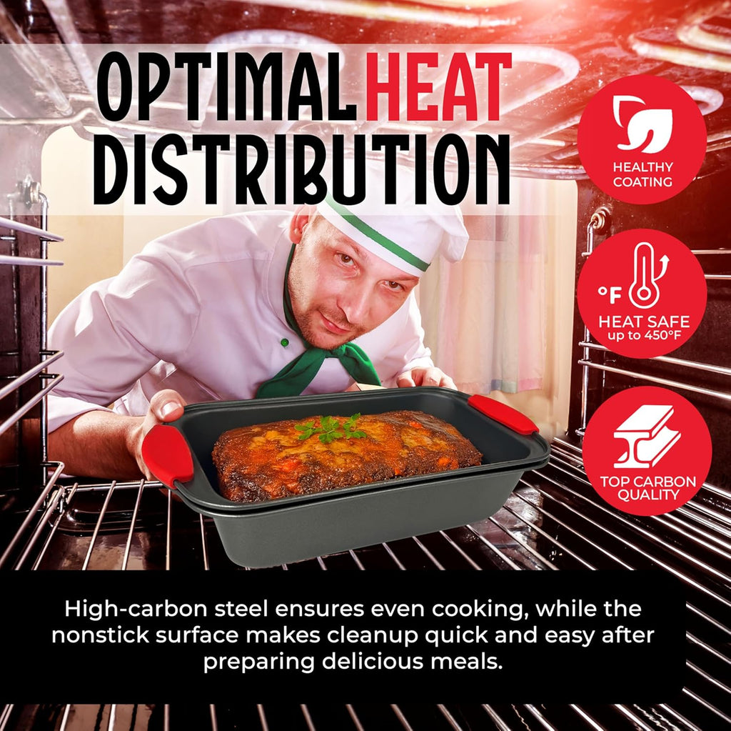 PERLLI Nonstick Meatloaf Pan with Drip Tray Insert – High-Carbon Steel Bakeware with Silicone Grips – Ideal for Baking Bread, Cake, and Roasting Meat in the Oven - 2-Piece Set