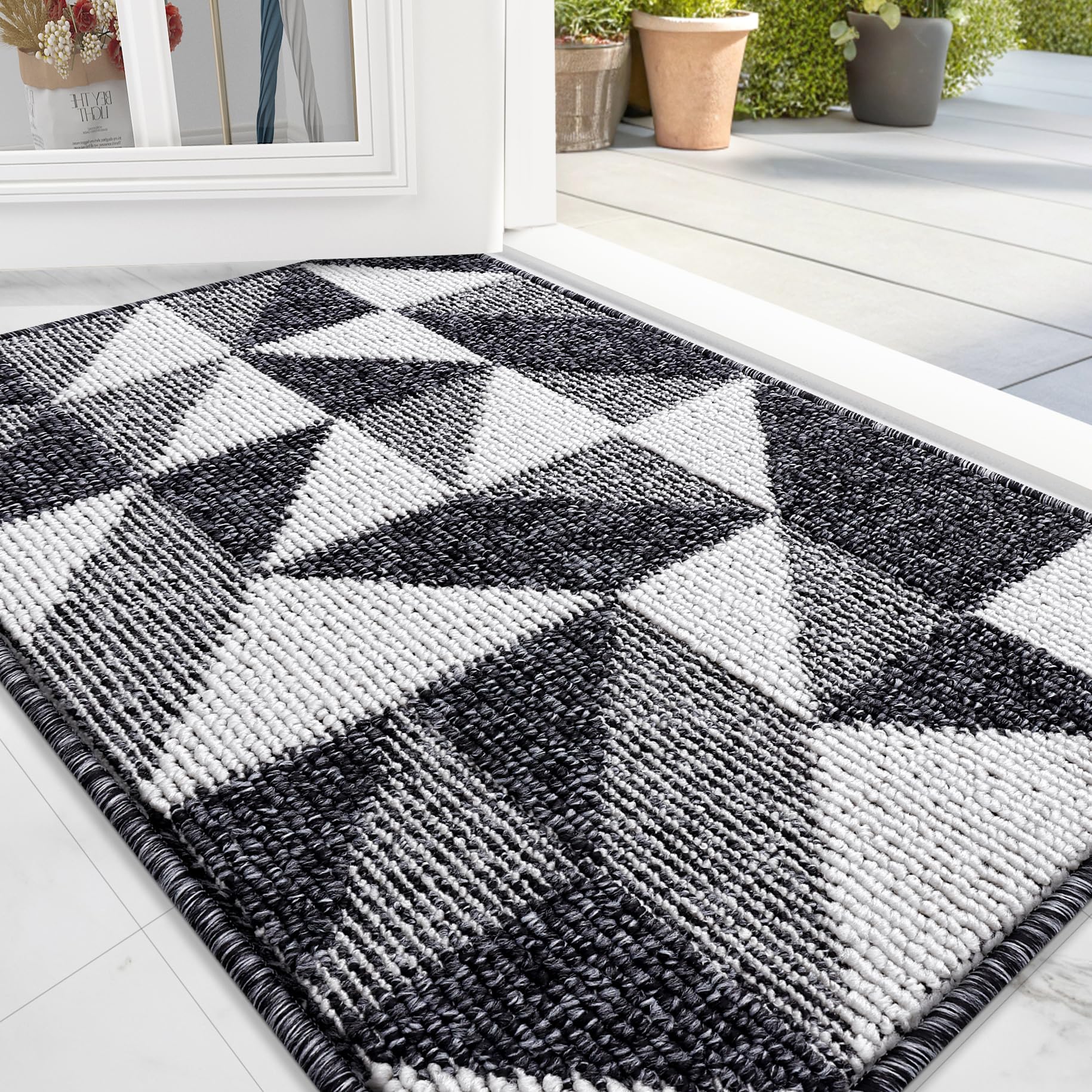 OLANLY Door Mat Indoor Entrance Washable 32x20, Odor-Free Low-Profile Front Back Geometric Doormat, Absorbent Resist Dirt Entry Carpet, Easy to Clean Sturdy Inside Floor Mats for Entryway, Black