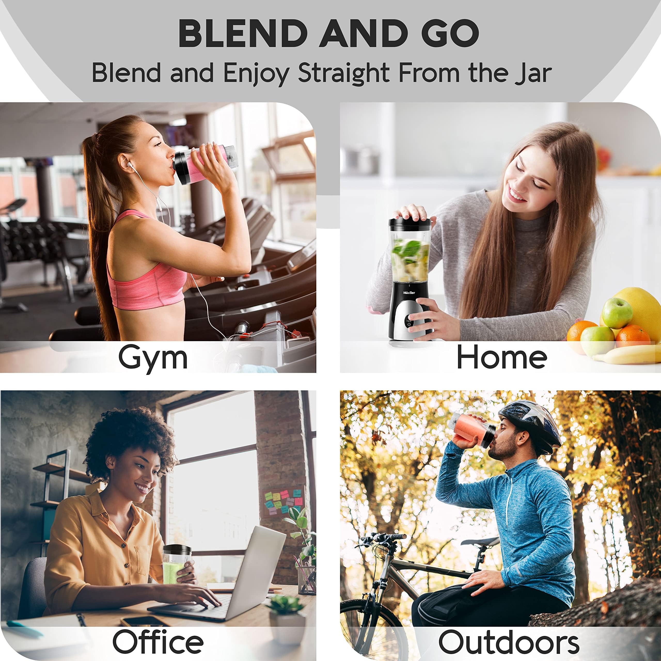 Mueller Smoothie Blender for Smoothies - Personal Blender for Shakes, Frozen Drinks, Baby Food & More, 15oz Travel Cup and Lid, Durable Stainless Steel Blades for Powerful Blending Performance, Black