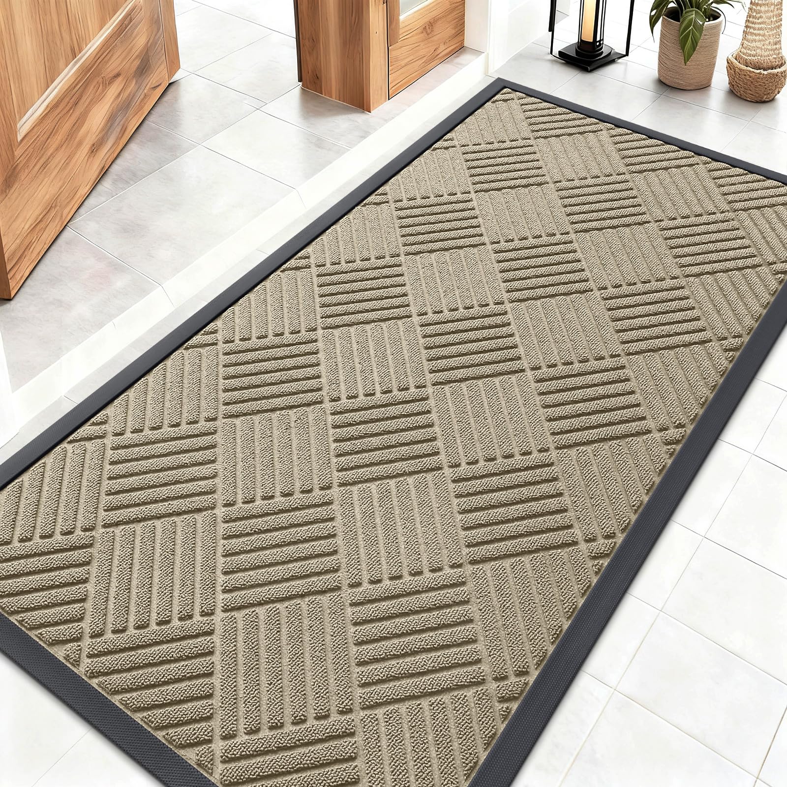 OLANLY Front Door Mat Outside Entrance 29.5x17, Absorbent, Heavy Duty Sturdy Natural Rubber Doormat Indoor Outdoor, Stain and Fade Resistant, Non-Slip Low Profile Floor Mat for Entryway, Grey Diamond