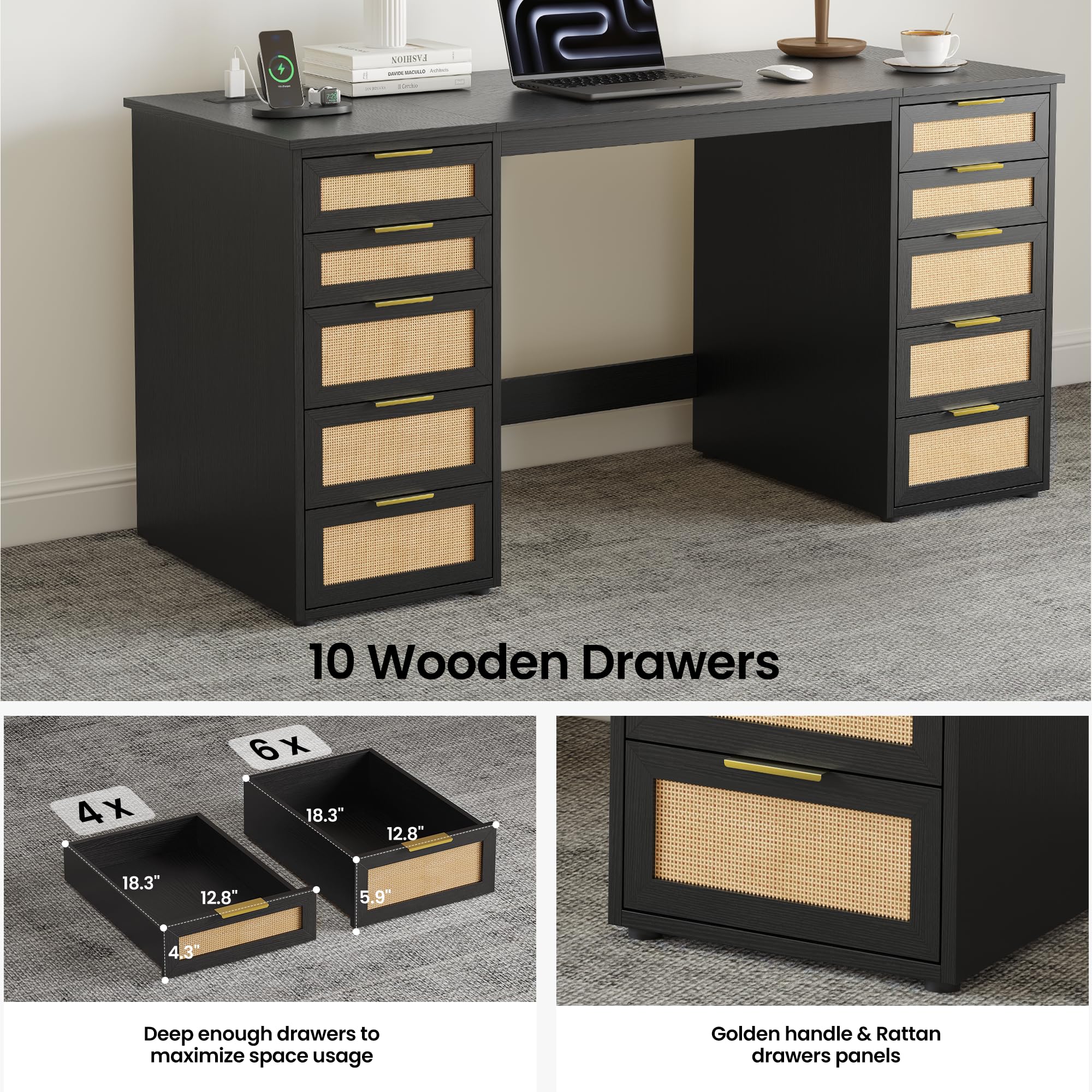 WOPITUES 60" Boho Home Office Desk with 10 Wooden Drawers, Rattan Computer Writing Desk with Power Outlets, Large Executive Desk with Storage Cabinet for Work Study Writing Craft, Black & Brown