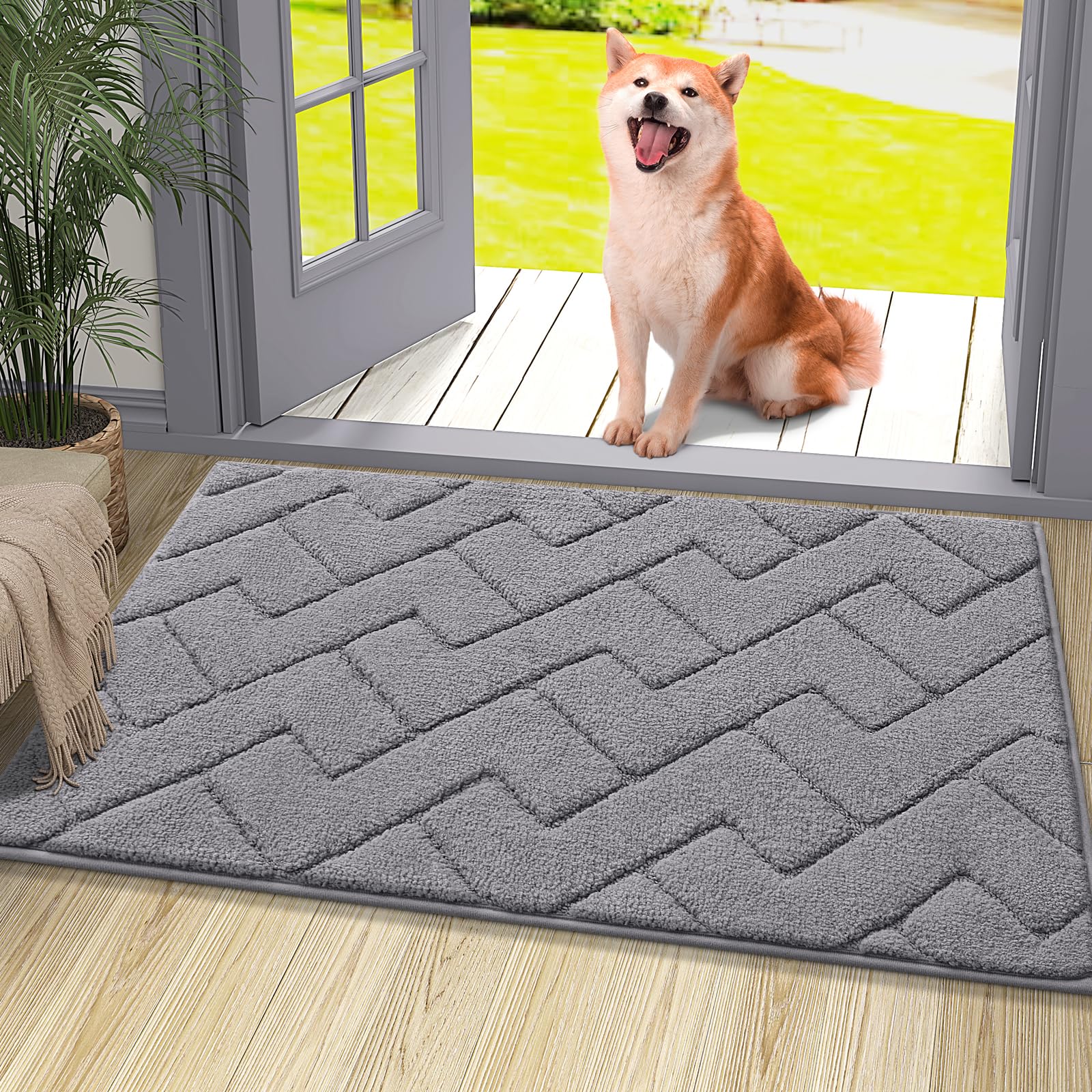 OLANLY Indoor Door Mat, 32x20, Dirt Resistant and Absorbent, Sturdy Non-Slip Rubber Backing, Easy to Clean, Washable Low-Profile Doormat for Entryway, Grey
