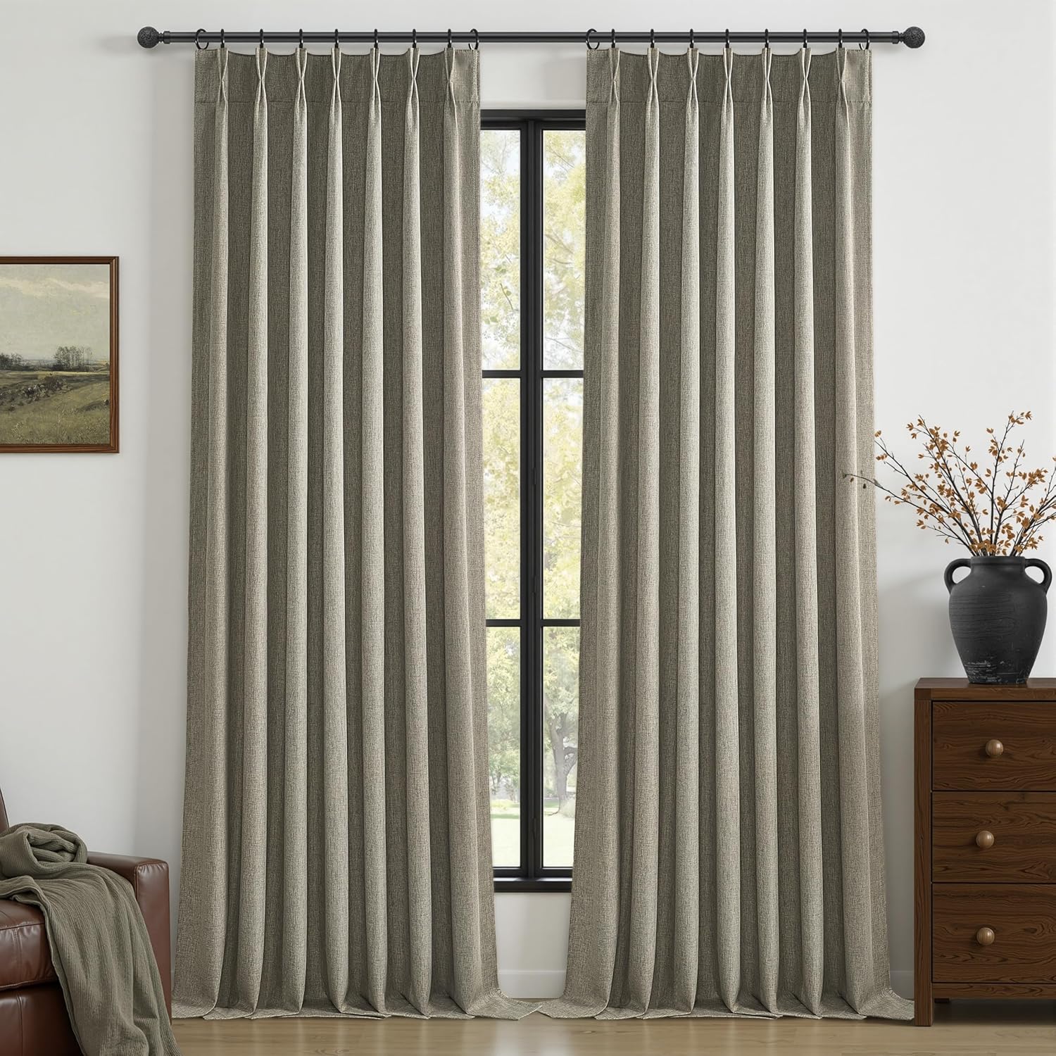 Natural Linen Pinch Pleated Blackout Curtains & Drapes 96 Inch Long Bedroom/Livingroom Farmhouse Curtains 2 Panel Sets, Neutral Track Room Darkening Thermal Insulated 8ft Back Tab Window Curtain