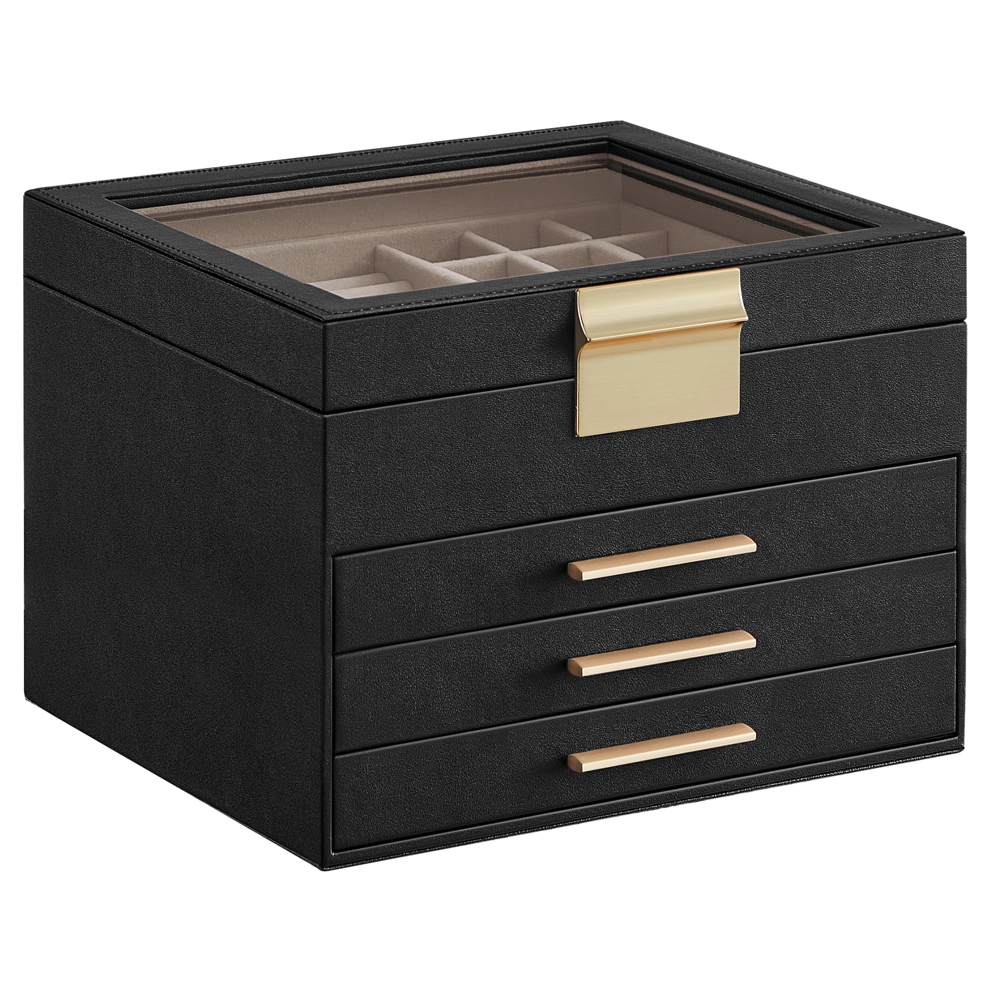 SONGMICS GISELLA Collection - Jewelry Box Organizer, 3-Layer Jewelry Storage with 2 Drawers, Shiny Metal Hardware, Glass Lid, Modern, 8 x 9.1 x 5.3 Inches, Cloud White and Gold Color UJBC239WT