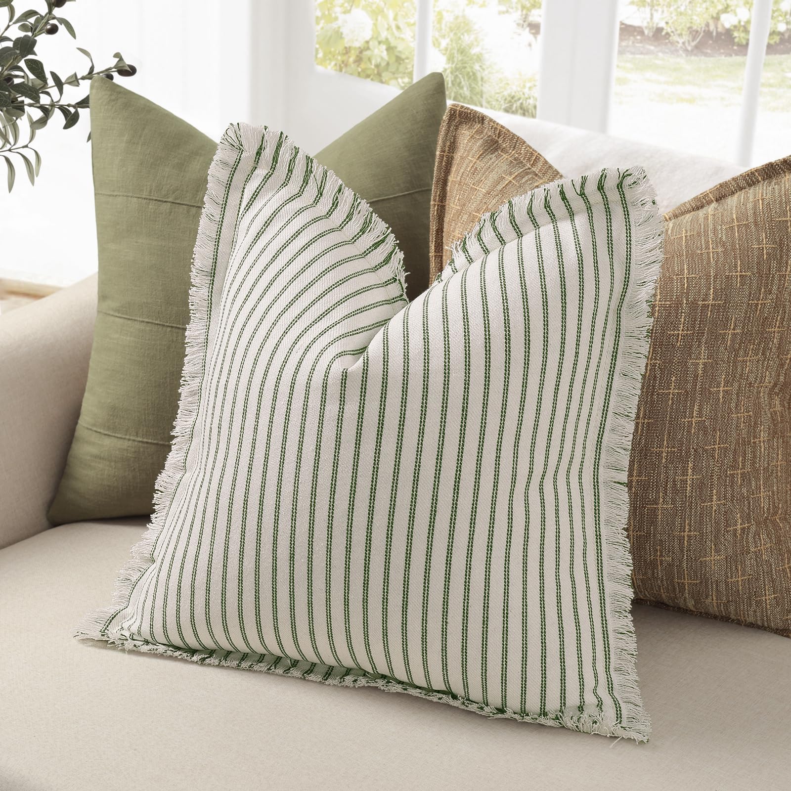 ZWJD Throw Pillow Covers 20x20 Set of 2 Striped Pillow Covers with Fringe Chic Cotton Decorative Pillows Square Cushion Covers for Sofa Couch Bed Living Room Farmhouse Decor, (Gray)