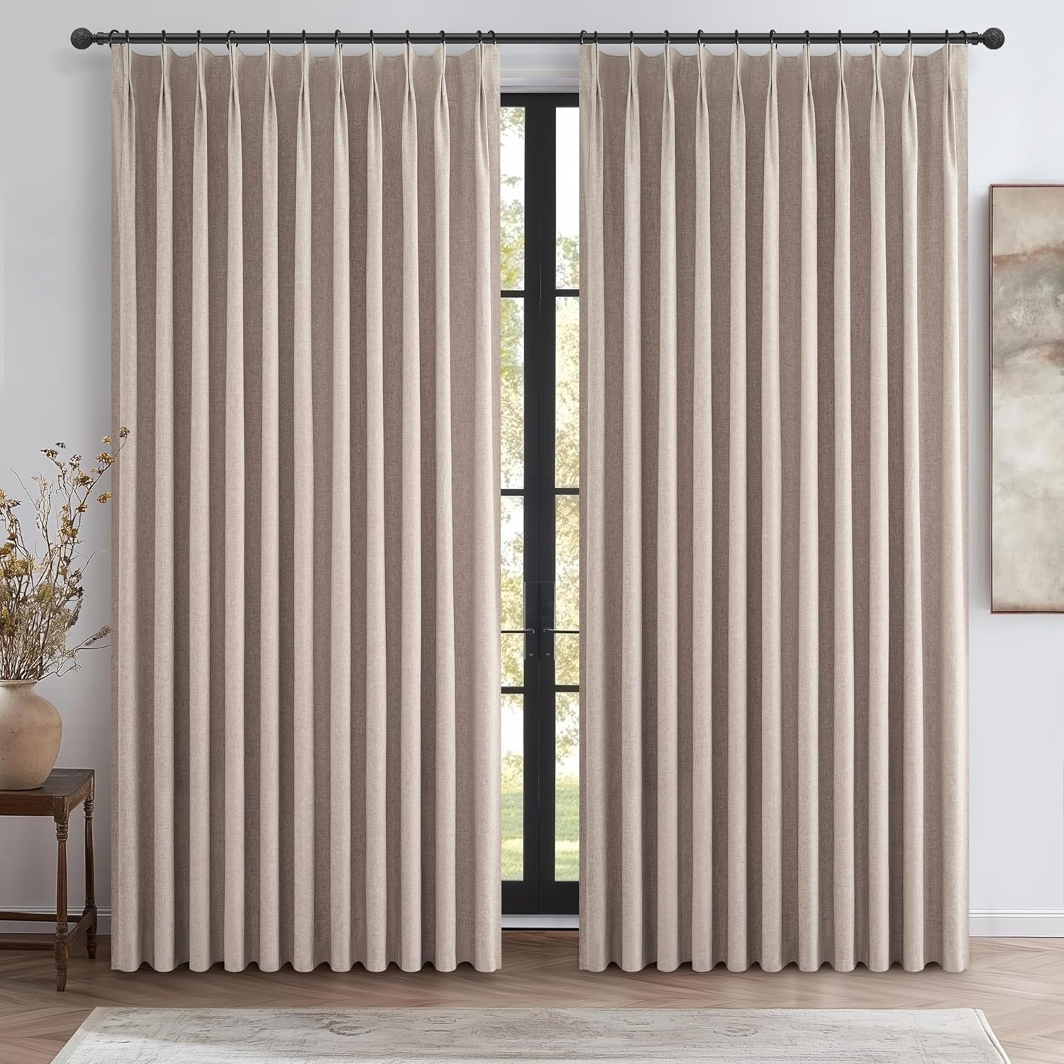 Natural Linen Pinch Pleated Blackout Curtains & Drapes 96 Inch Long Bedroom/Livingroom Farmhouse Curtains 2 Panel Sets, Neutral Track Room Darkening Thermal Insulated 8ft Back Tab Window Curtain