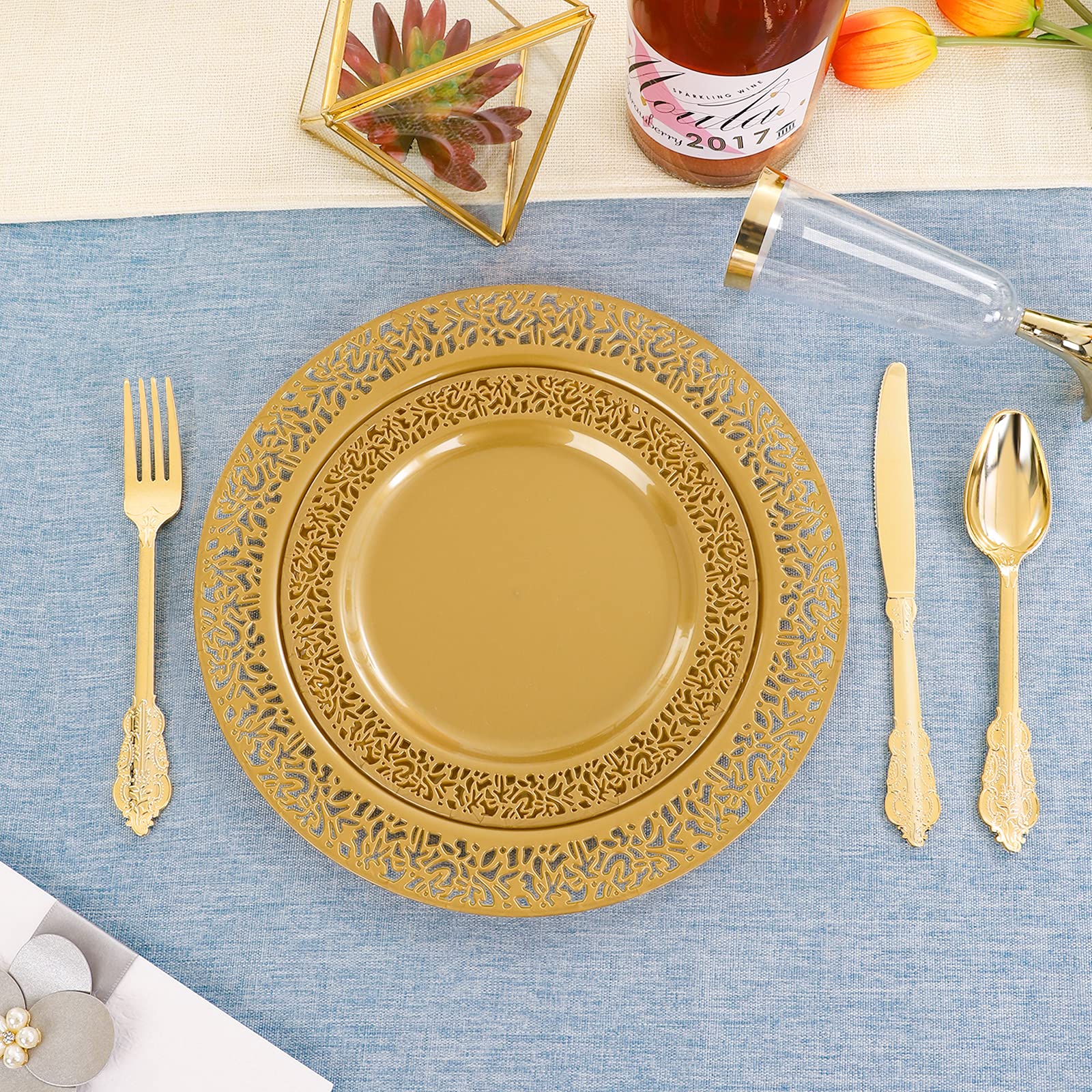 DaYammi 210Pcs White Gold Plastic Plates for Party,Gold Disposable Dinnerware Set Includes 60 gold Floral Plates,30 Plastic Silverware,30 Per Rolled Napkins,30 Cups for Mother's Day Party Wedding