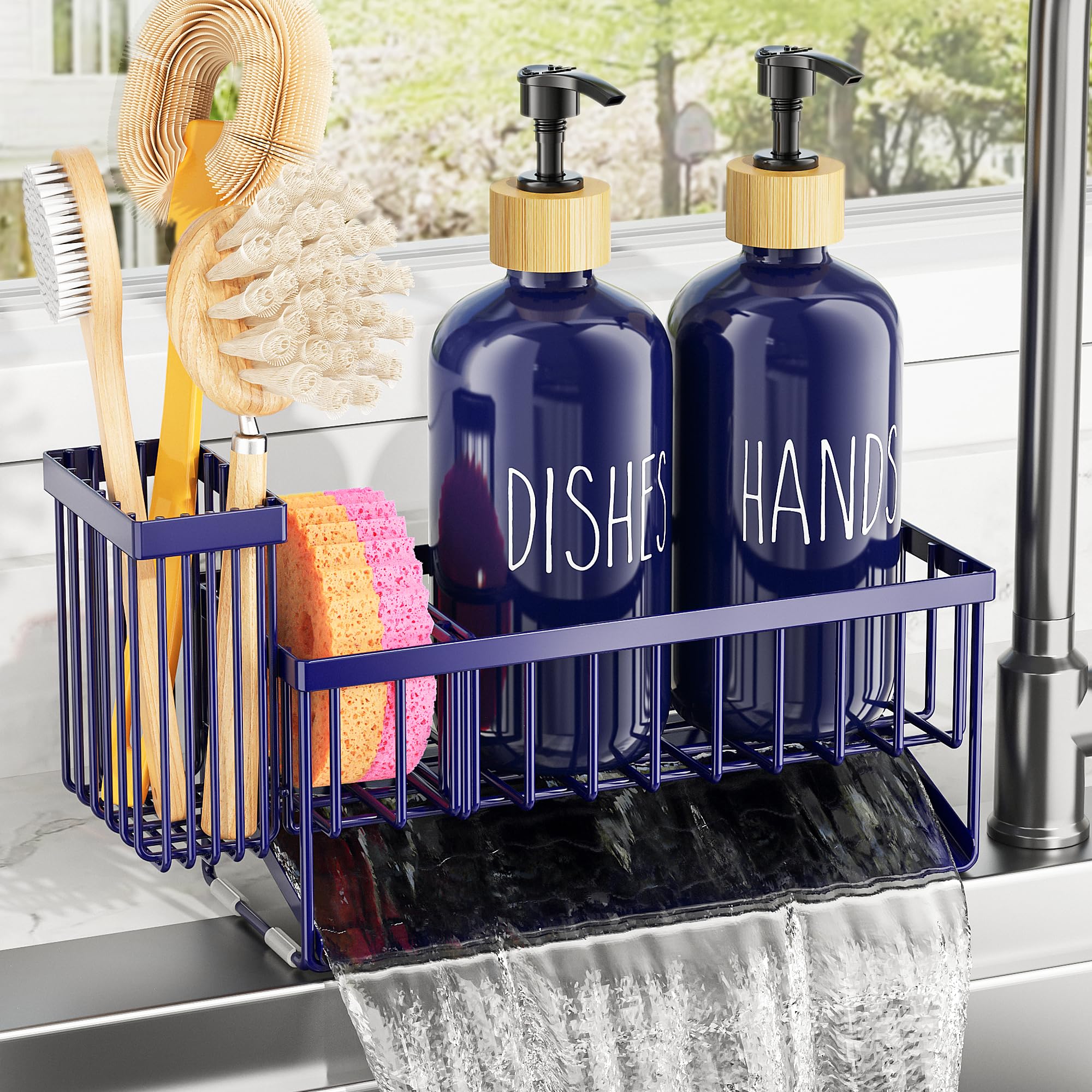 Cisily Kitchen Dish Soap Dispenser Set with 2 Pack 16.9oz Amber Glass Bottle and Sponge Holder, Dish Soap Dispensers with Adjustable Sponge Holder, Vintage Hand and Dish Soap Dispensers Set