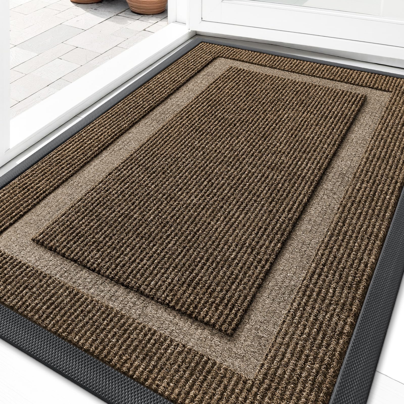 OLANLY Front Door Mat Indoor Outdoor Entrance, Waterproof All-Season, All-Weather Doormat, Sturdy Natural Rubber, Fade Resistant, Low Profile, Easy Clean Patio Porch Entryway Mat, 29.5x17, Black