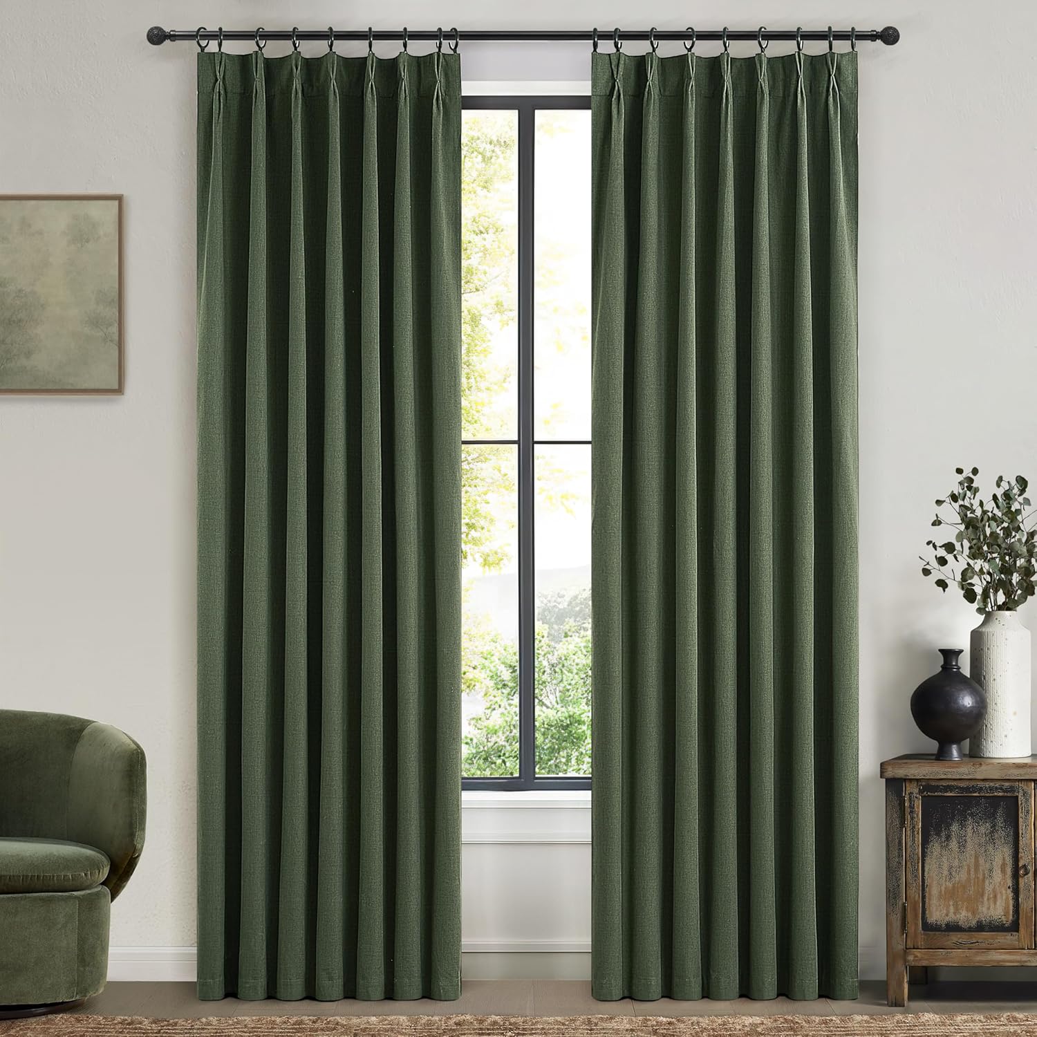 Natural Linen Pinch Pleated Blackout Curtains & Drapes 96 Inch Long Bedroom/Livingroom Farmhouse Curtains 2 Panel Sets, Neutral Track Room Darkening Thermal Insulated 8ft Back Tab Window Curtain