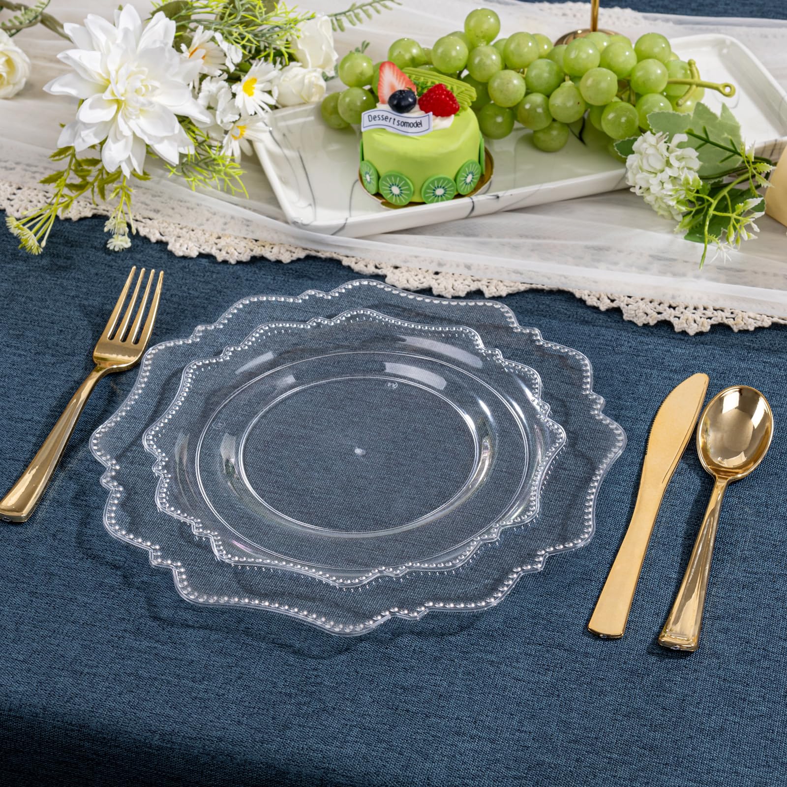COLOSUS 60PCS White Plastic Plates for 30 guests-Fancy Plastic Beaded Plates,Plastic Plates for Party, Elegant White plates,Include 30 PCS 10.5" Dinner plates & 30PCS 8.25" Dessert plates for easter