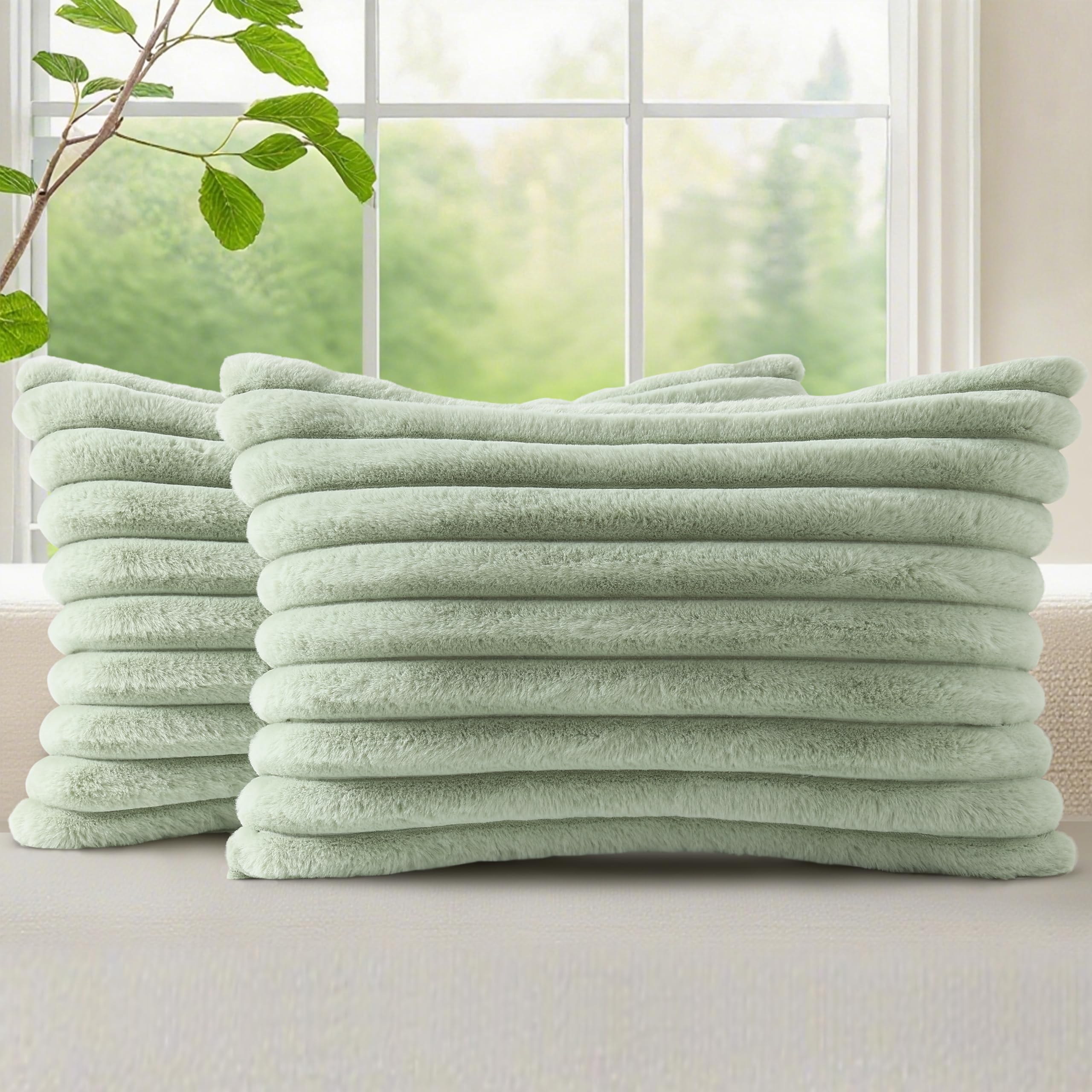 decorUhome Cozy Faux Fur Spring Throw Pillow Covers 18x18 Set of 2 Decorative Soft Plush Striped Modern Farmhouse Boho Couch Pillow Cases with Velvet Back for Sofa Bed Living Room, Cream White