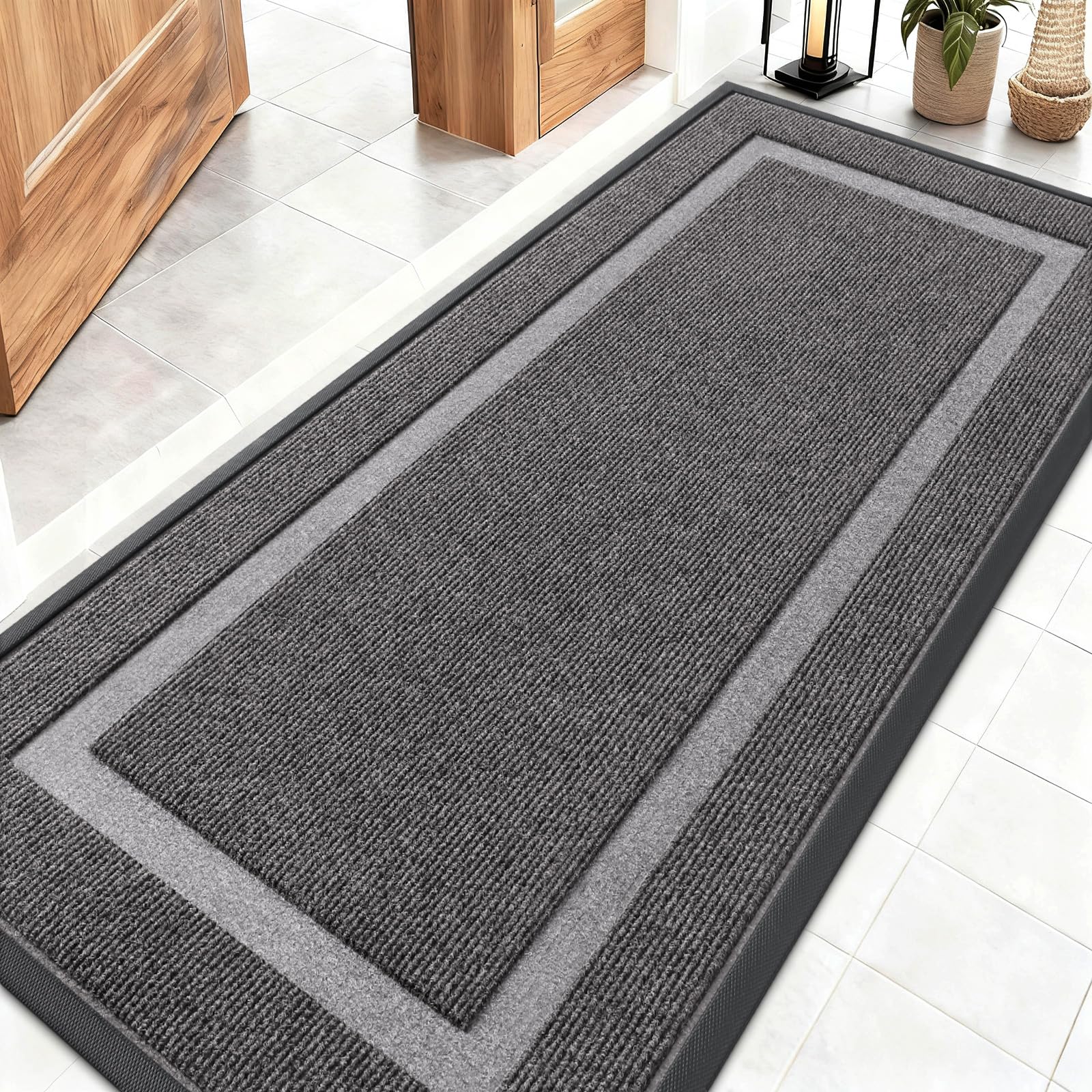 OLANLY Front Door Mat Indoor Outdoor Entrance, Waterproof All-Season, All-Weather Doormat, Sturdy Natural Rubber, Fade Resistant, Low Profile, Easy Clean Patio Porch Entryway Mat, 29.5x17, Black