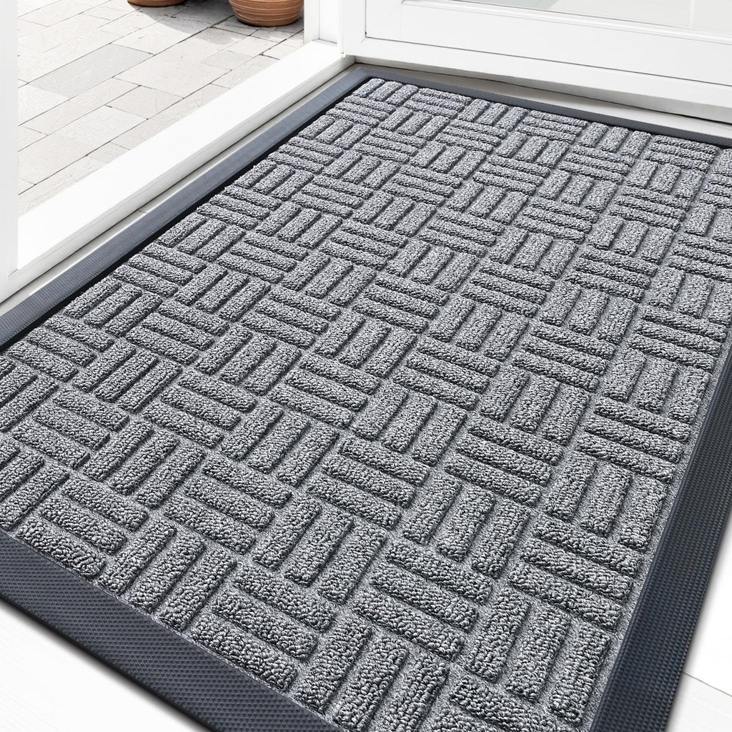 OLANLY Front Door Mat Outside Entrance 29.5x17, Absorbent, Heavy Duty Sturdy Natural Rubber Doormat Indoor Outdoor, Stain and Fade Resistant, Non-Slip Backing Low Profile Floor Mat for Entryway, Grey