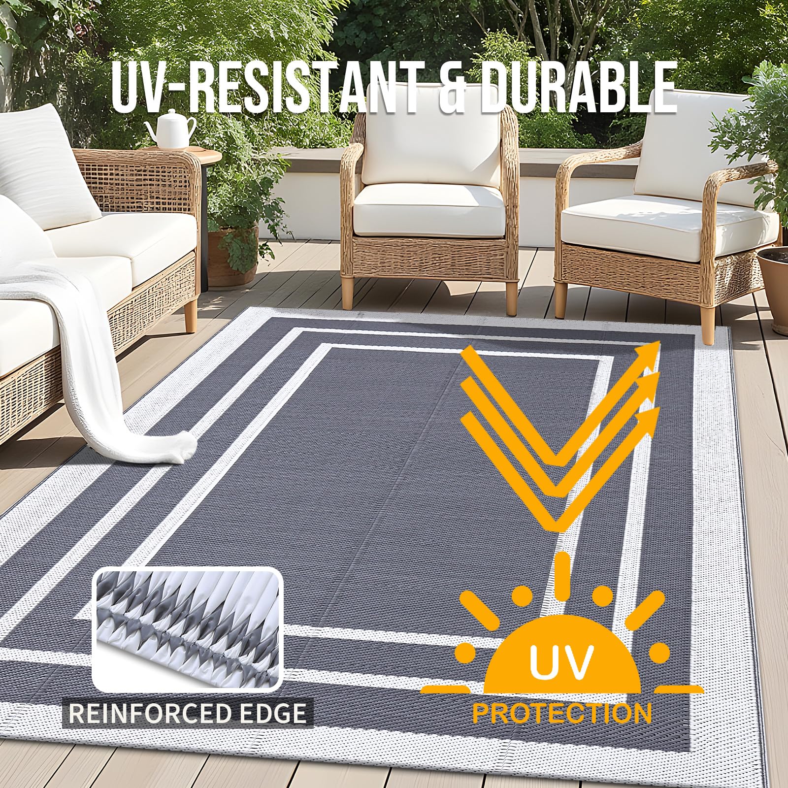 OLANLY Outdoor Rug 5x8 ft Waterproof, Reversible Outdoor Plastic Straw Rug, RV Mat, Indoor Outdoor Carpet Clearance for Patio, Camping, Balcony, Deck, Backyard, Grey & White