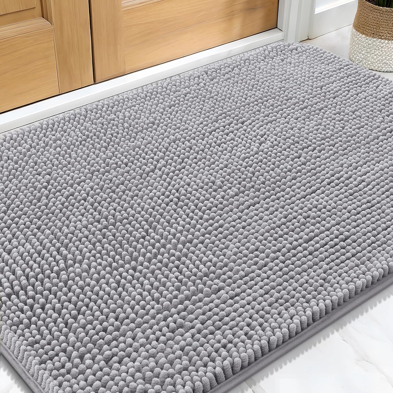 OLANLY Dog Door Mat for Muddy Paws 48x30, Absorbs Moisture and Dirt, Absorbent Non-Slip Washable Doormat, Quick Dry Chenille Mud Mat for Dogs, Entry Indoor Entryway Carpet for Inside Floor, Grey