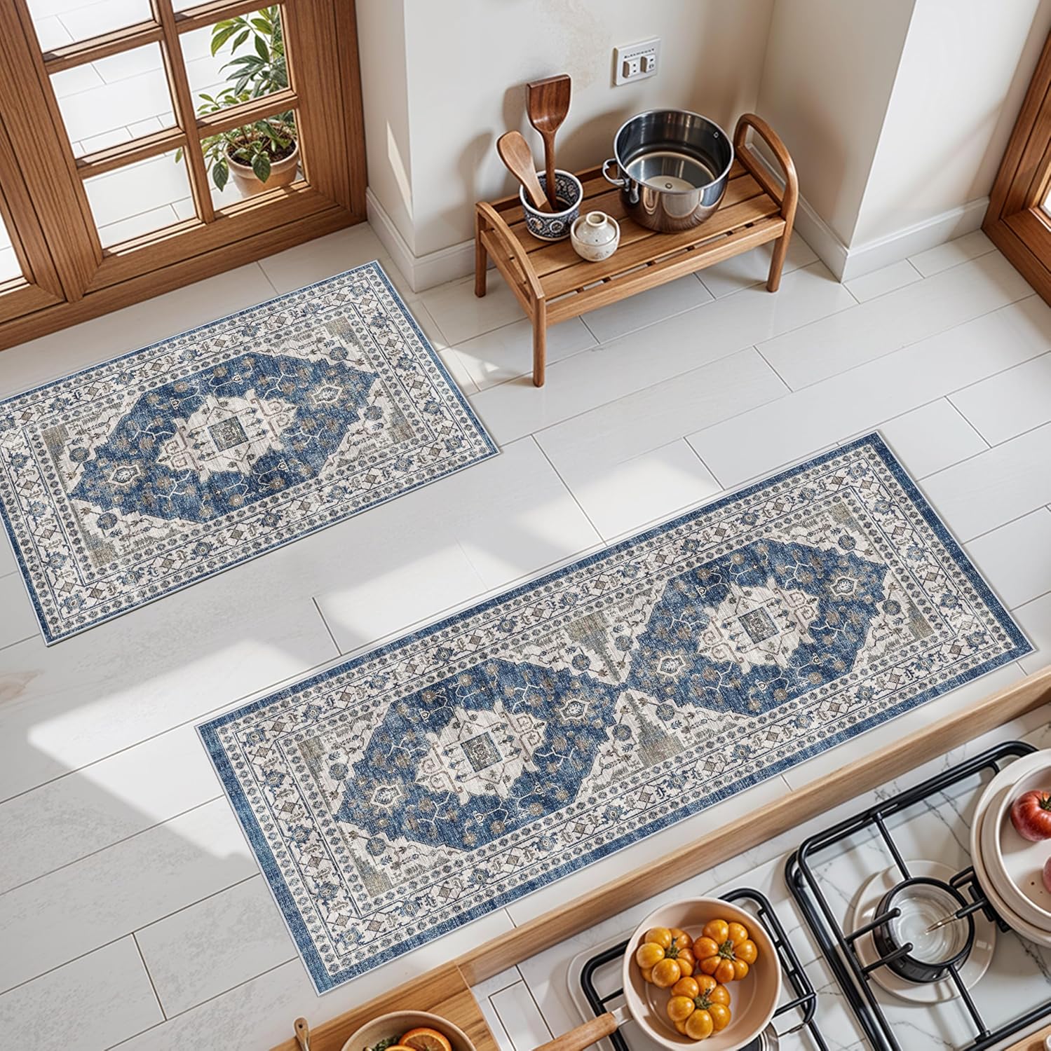 Washable 2x3 Entryway Area Rug - Neutral Kitchen Rug Runner Vintage Soft Floor Mat Non Slip Indoor Farmhouse Carpet for Bathroom Living Room Bedroom (2 X 3, Beige)