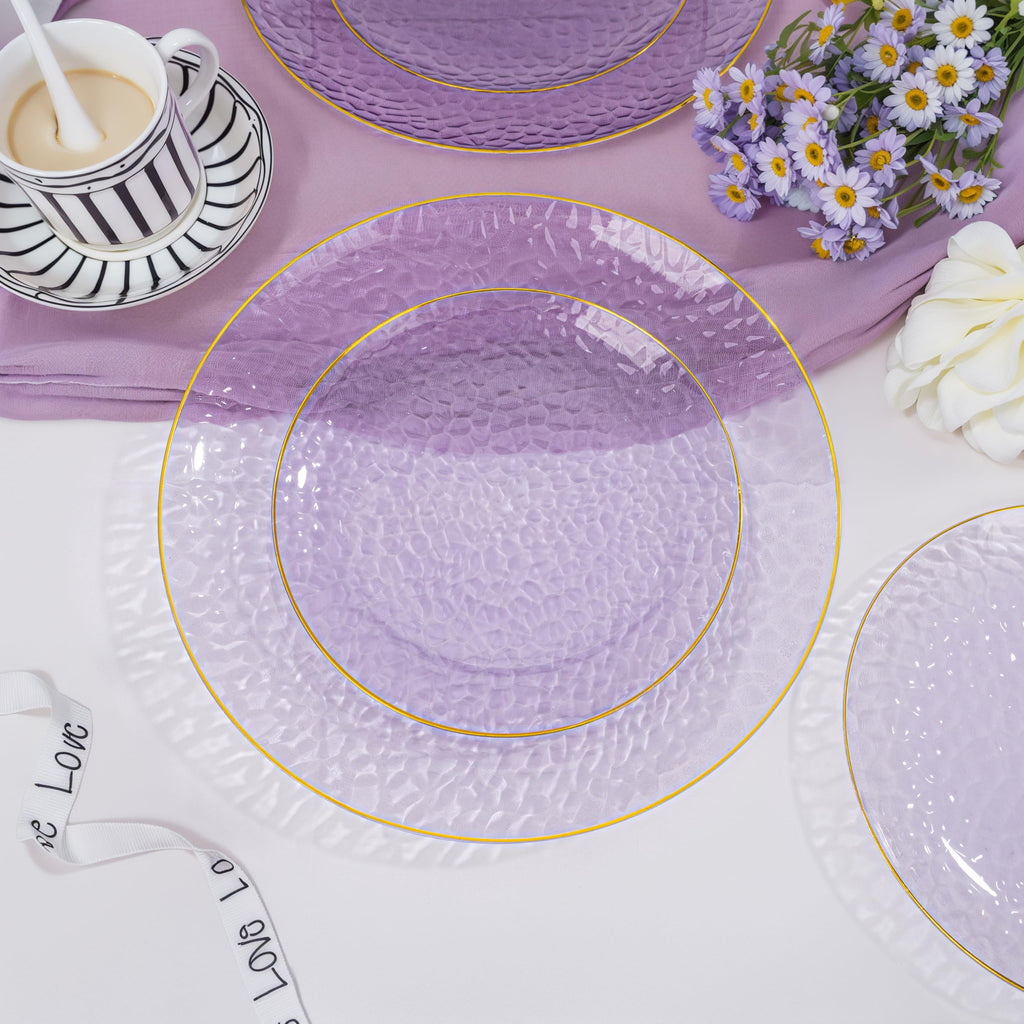 DaYammi 100 Pcs Clear Gold Plastic Plates, Hammered Party Plate, Fancy Plastic Plates Disposable Clear Disposable Dessert Platos, 7 Inch Heavy duty Plastic Dessert Platos for Party & Wedding