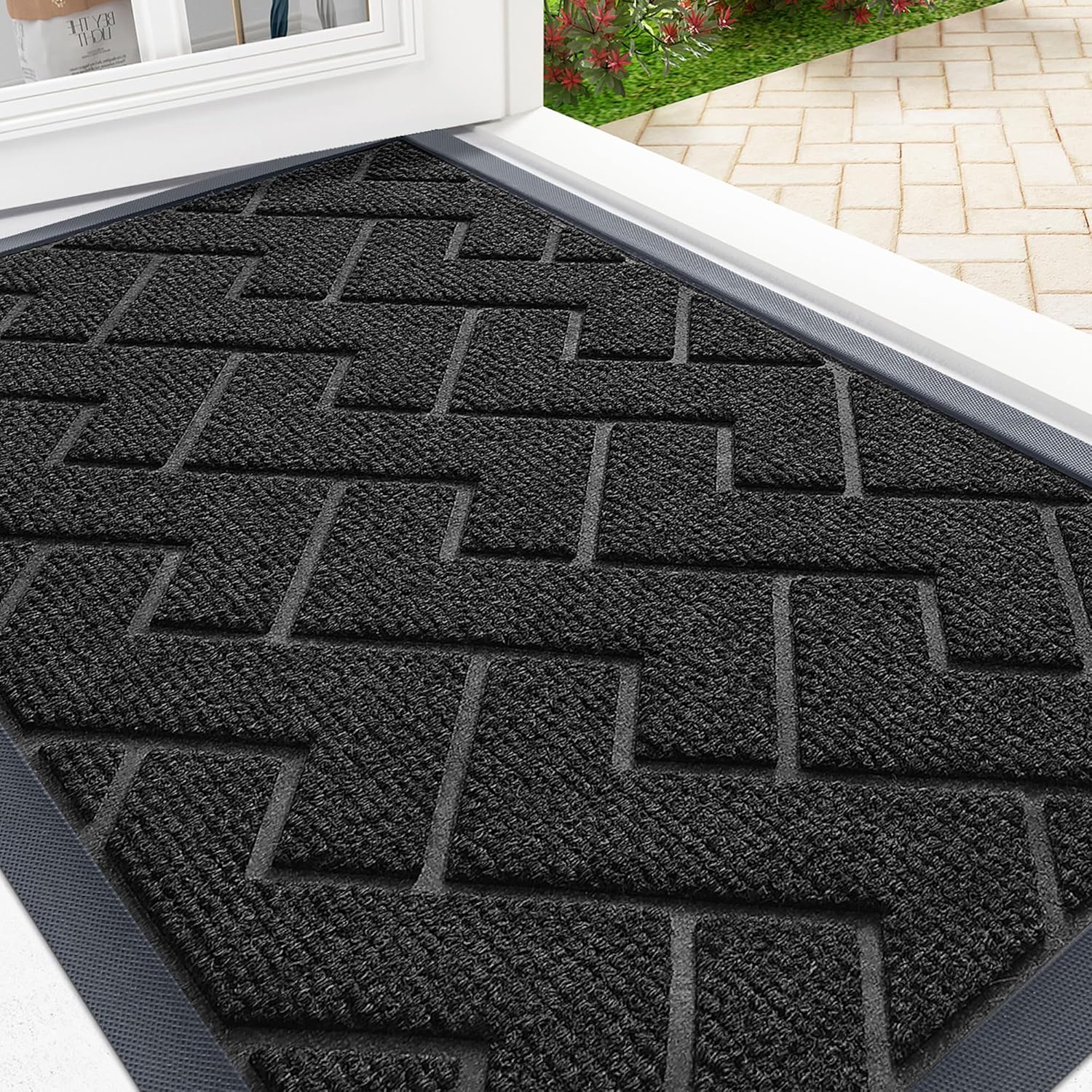 OLANLY Front Door Mat Indoor Outdoor Entrance, Waterproof All-Season, All-Weather Doormat, Sturdy Natural Rubber, Fade Resistant, Low Profile, Easy Clean Patio Porch Entryway Mat, 29.5x17, Beige