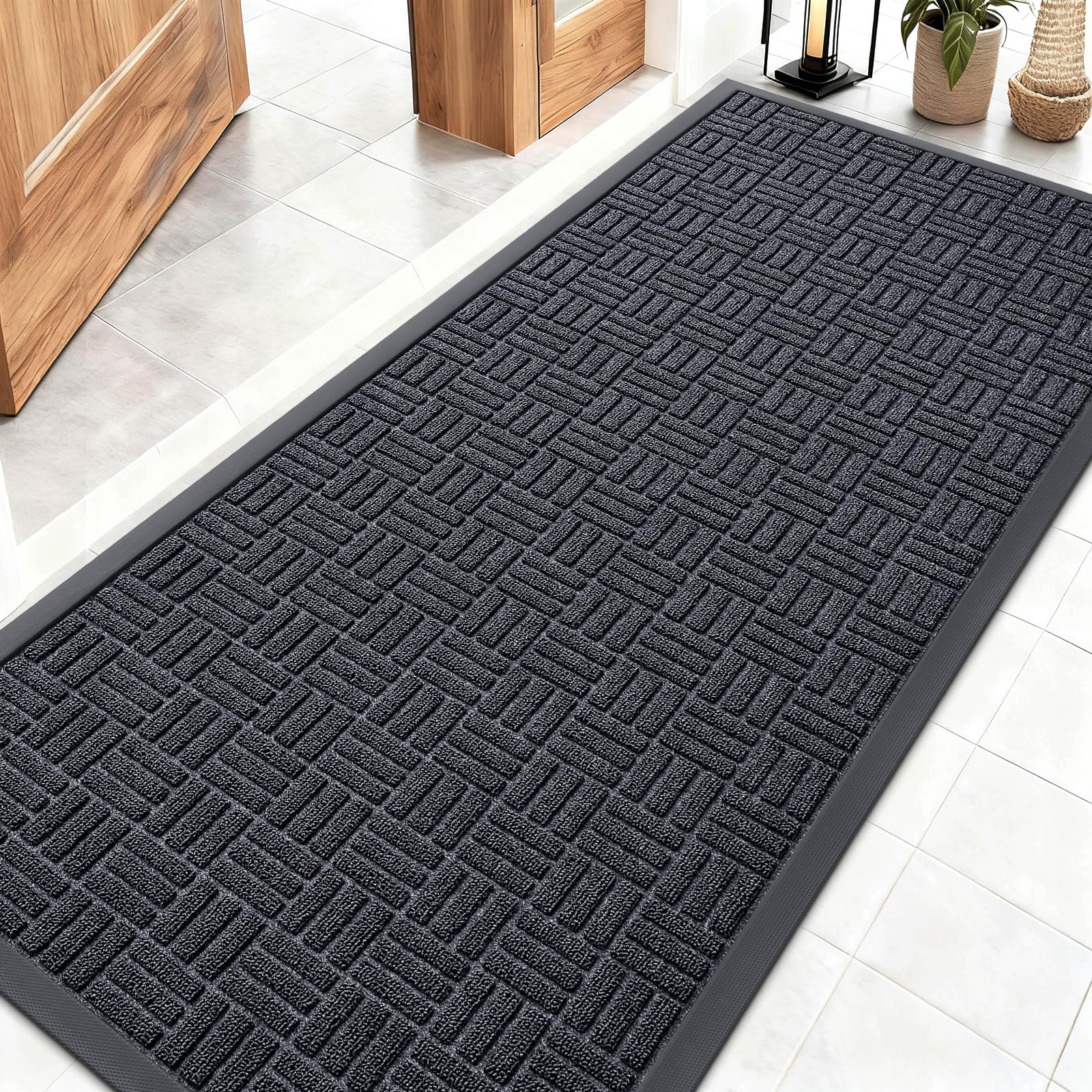 OLANLY Front Door Mat Outside Entrance 29.5x17, Absorbent, Heavy Duty Sturdy Natural Rubber Doormat Indoor Outdoor, Stain and Fade Resistant, Non-Slip Backing Low Profile Floor Mat for Entryway, Grey