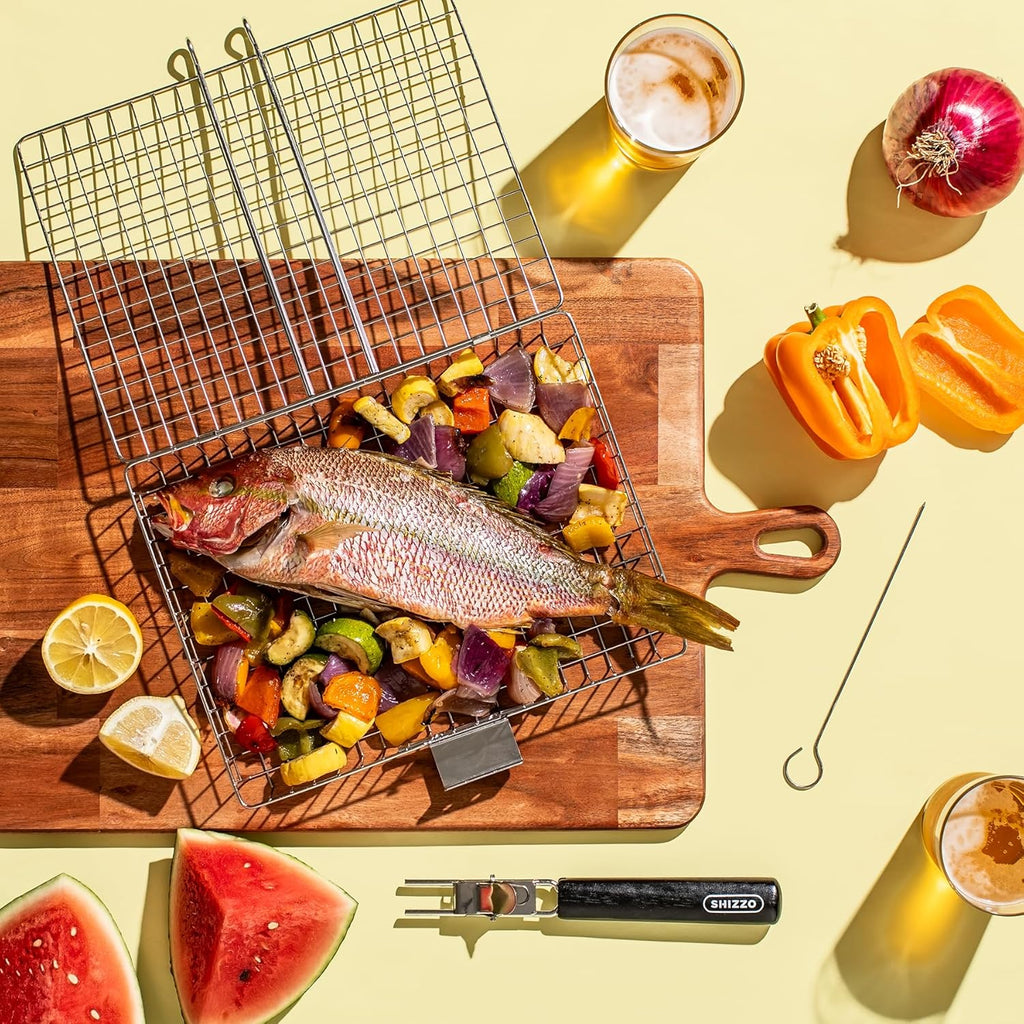 SHIZZO Grill Basket Set, Barbecue BBQ Grilling, Stainless Steel Folding Portable Outdoor Camping Rack for Fish, Shrimp, Vegetables, Cooking Accessories, Gifts for Dad, husband, Friends
