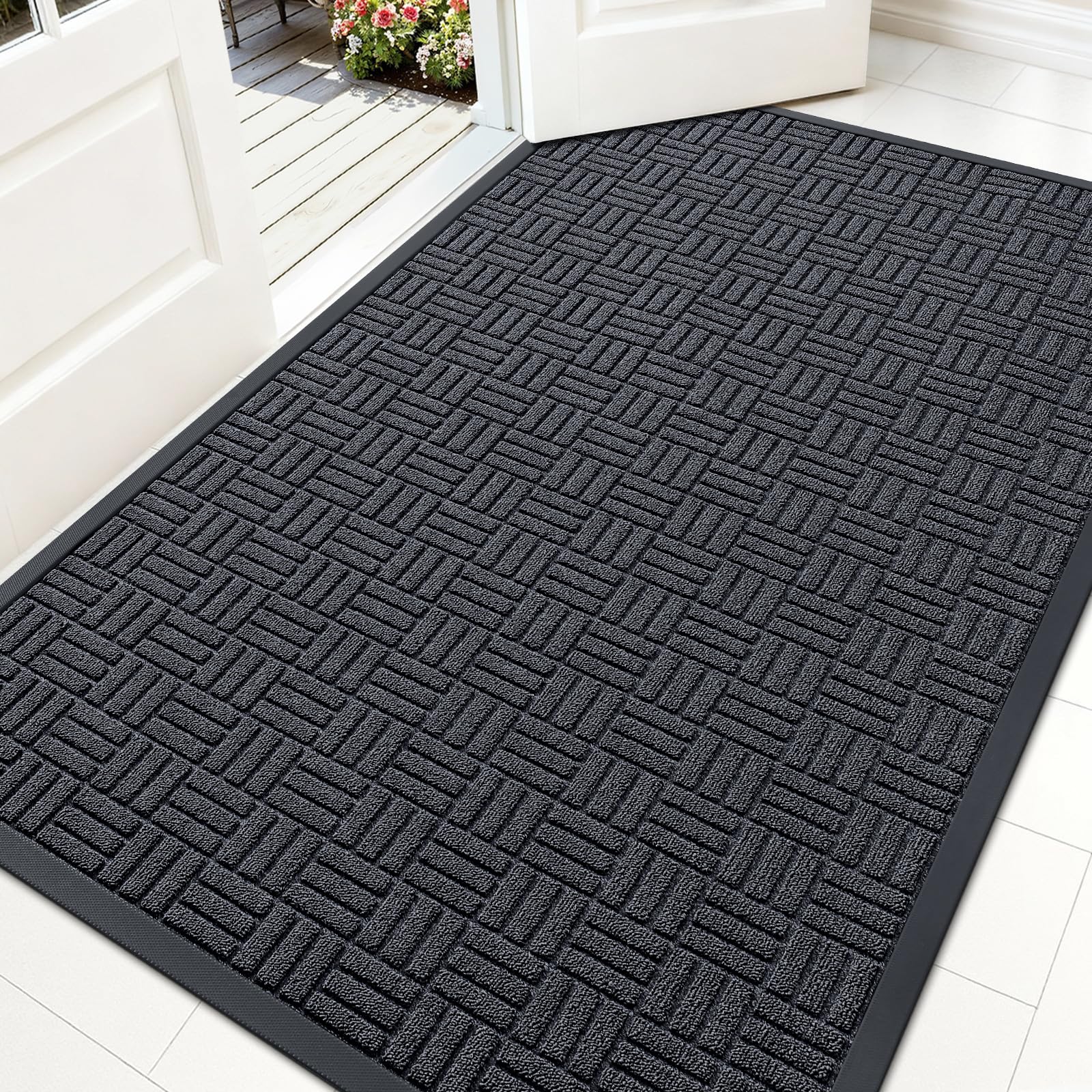 OLANLY Front Door Mat Outside Entrance 29.5x17, Absorbent, Heavy Duty Sturdy Natural Rubber Doormat Indoor Outdoor, Stain and Fade Resistant, Non-Slip Backing Low Profile Floor Mat for Entryway, Grey
