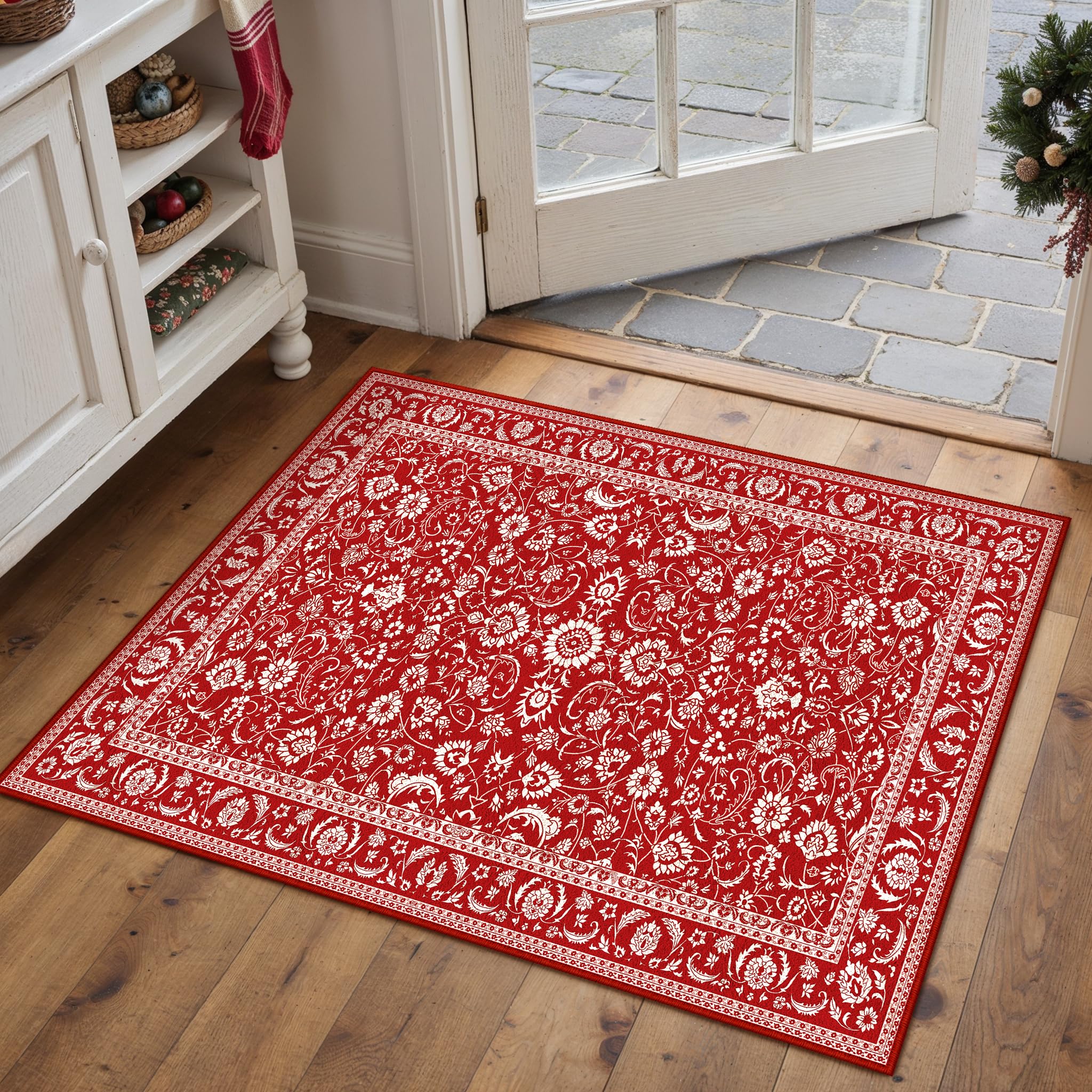 HUGEAR 5x7 Machine Washable Rugs Brown Hallway Area Rug Indoor Accent Rug Floral Low Pile Carpet Soft Throw Aesthetic Rug Bedroom Living Room Office Dining Room Kitchen Laundry Room Non Slip